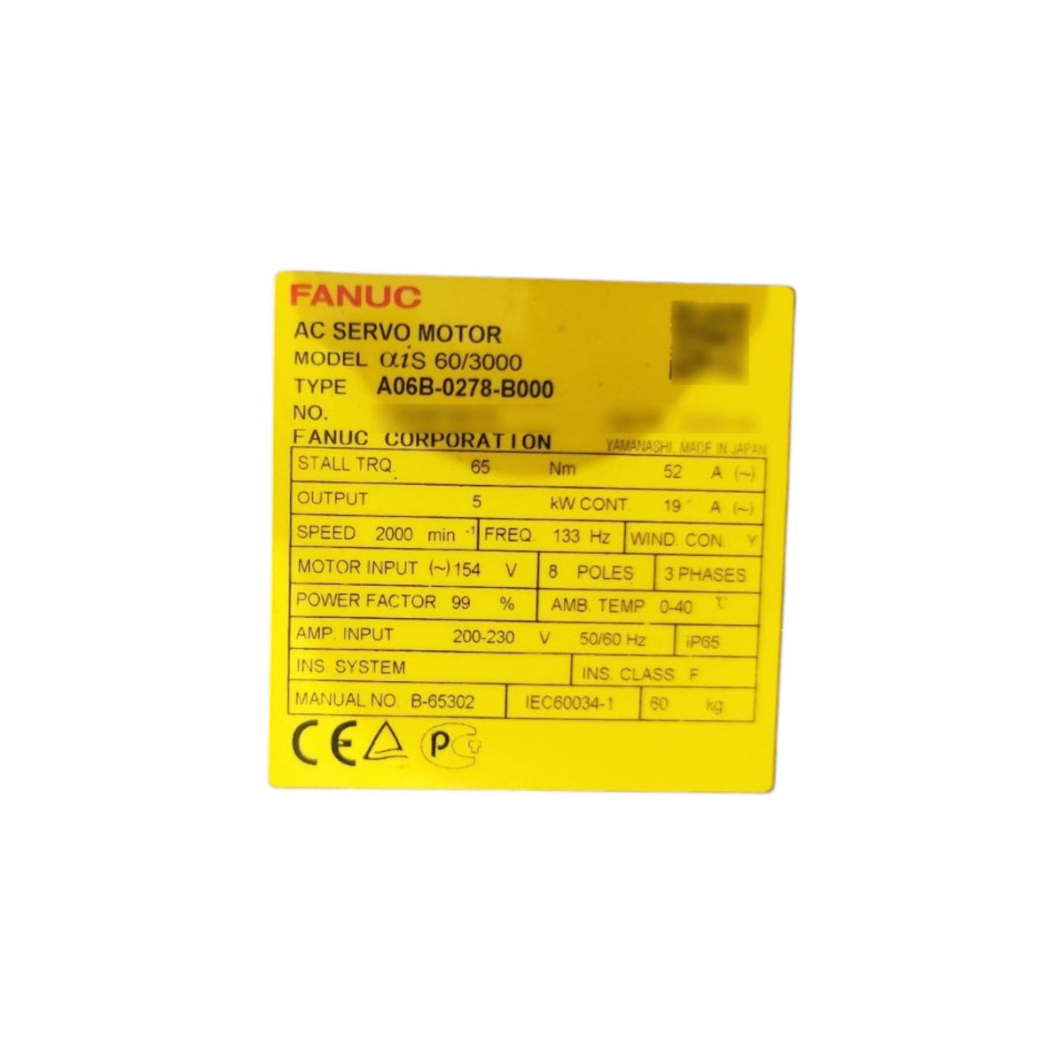 Fanuc Servo Motor αiS 60/3000 with fan A06B-0278