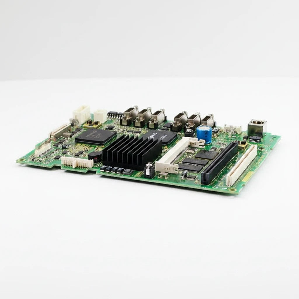 JJAutomation 0i-MD motherboard A20B-8200-0543 for Fanuc CNC machines featuring integrated ports and heat sink.