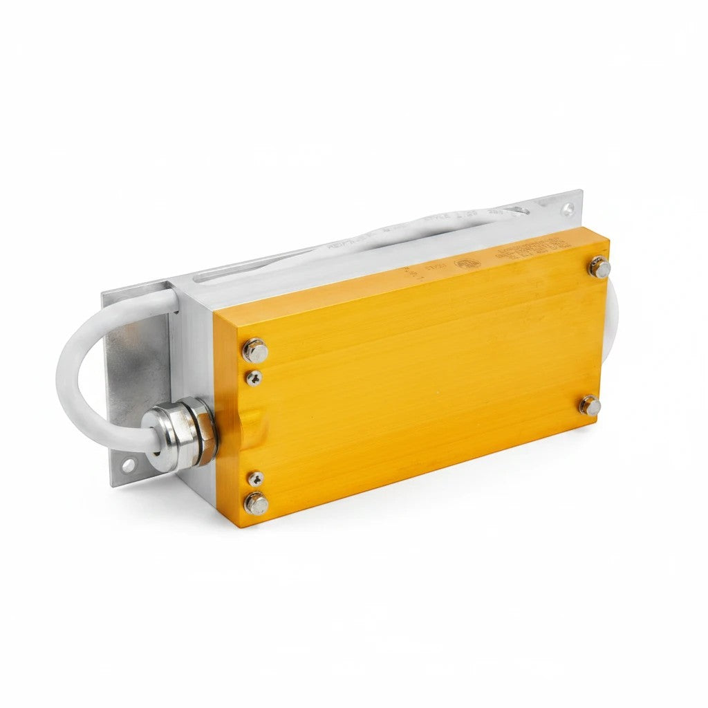 JJAutomation gold-anodized aluminum housed braking resistor for CNC motor control with white wiring and mounting plate.