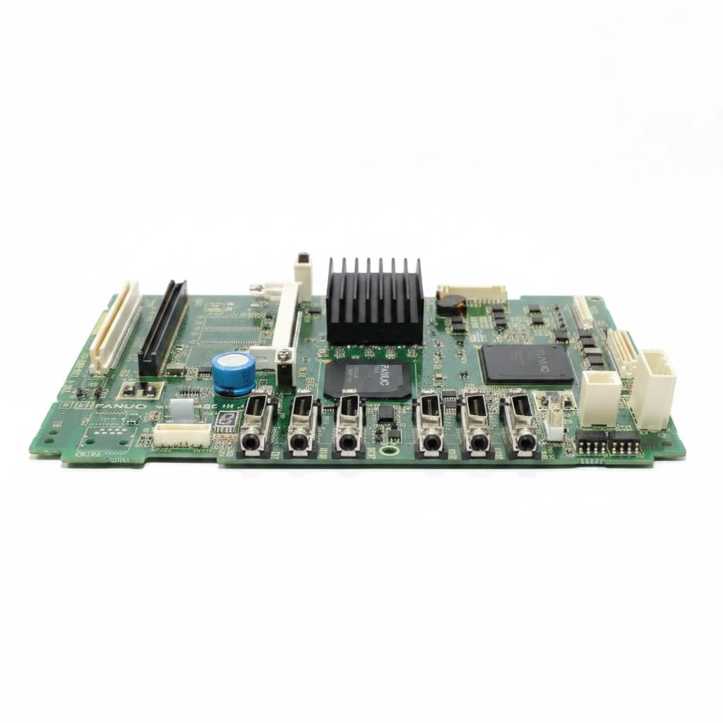 JJAutomation Fanuc 0i-D motherboard A20B-8200-0545 CNC control PCB with heatsink and ports on a white background.