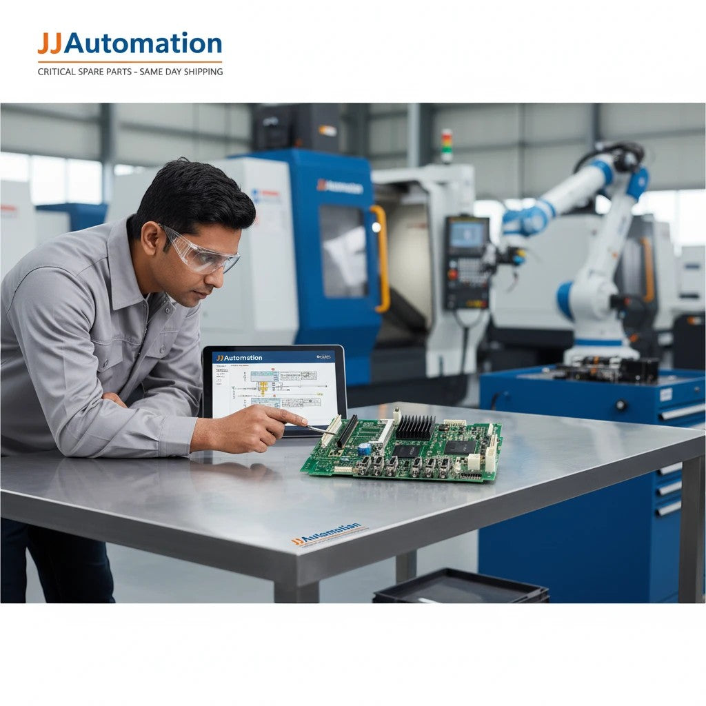 JJAutomation technician inspecting a Fanuc 0i-D A20B-8200-0545 CNC motherboard on a workbench in a factory.