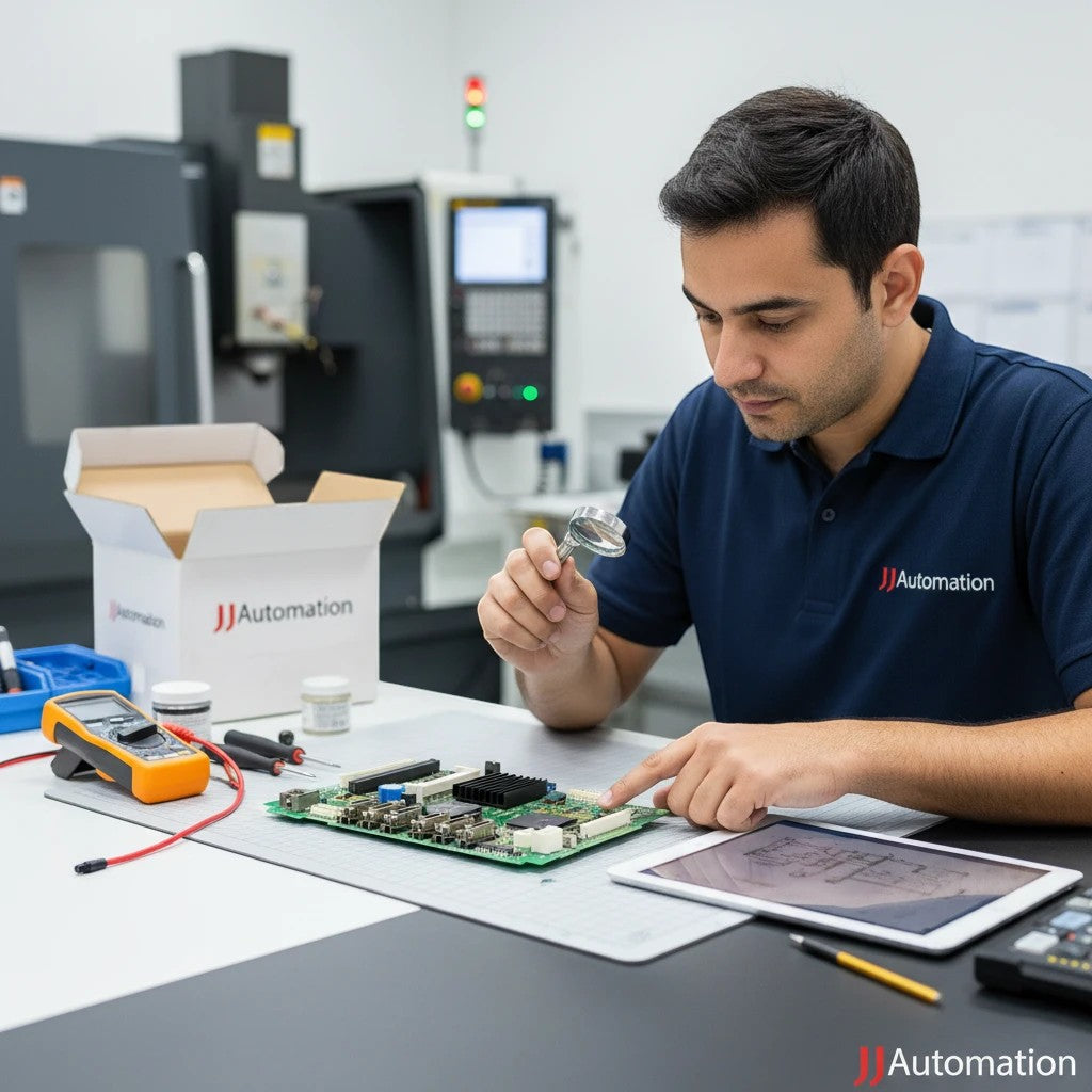 JJAutomation technician inspecting a Fanuc 0i-MD motherboard A20B-8200-0543 with a magnifying glass in a workshop.
