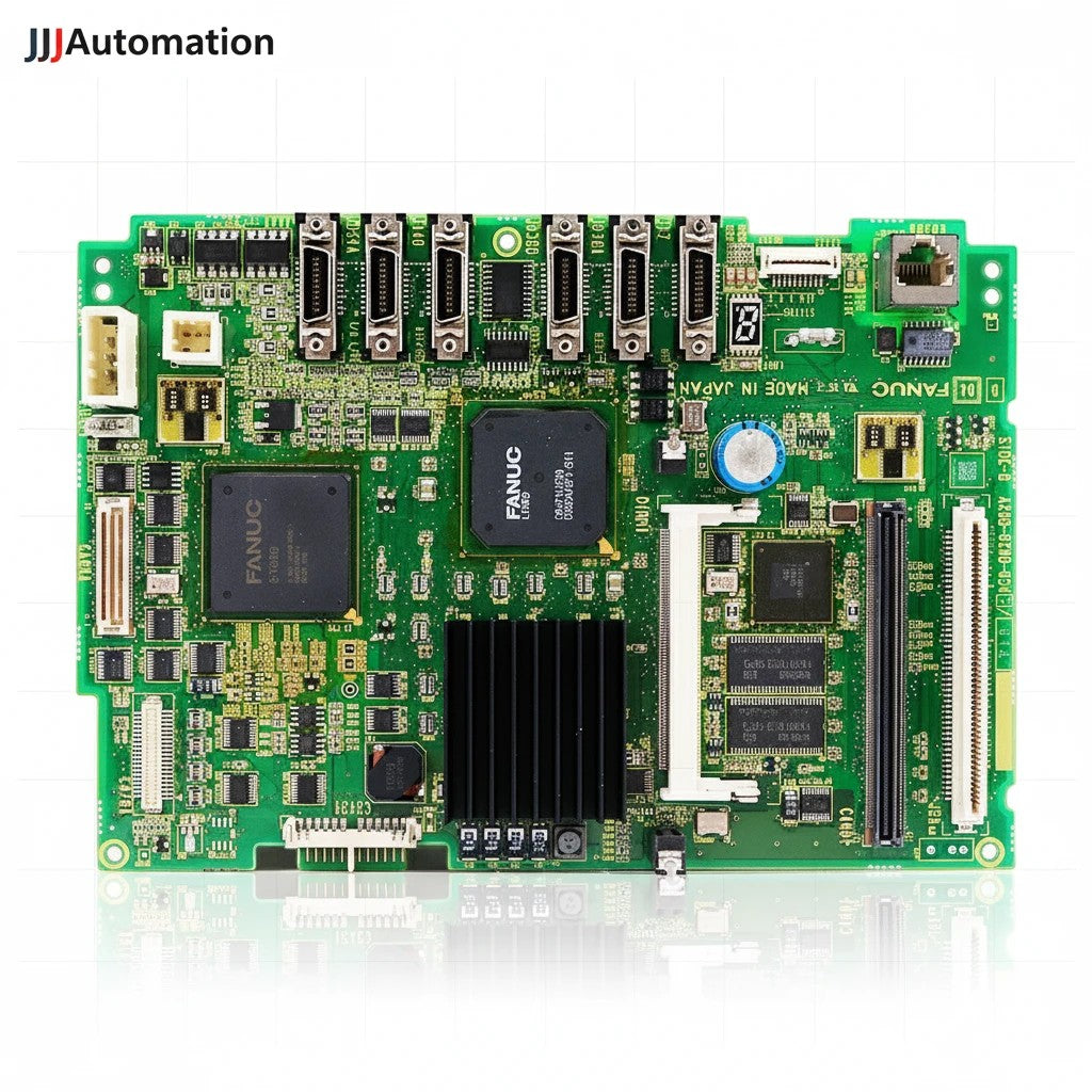 JJAutomation Fanuc 0i-MD motherboard A20B-8200-0543 featuring green PCB with integrated chips and ports.