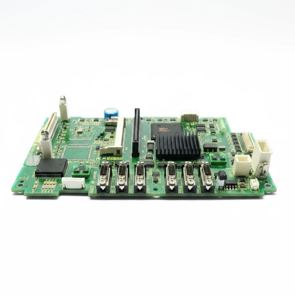 JJAutomation FANUC A20B-8200-0393 CNC controller motherboard with heat sink and multiple ports on green PCB.