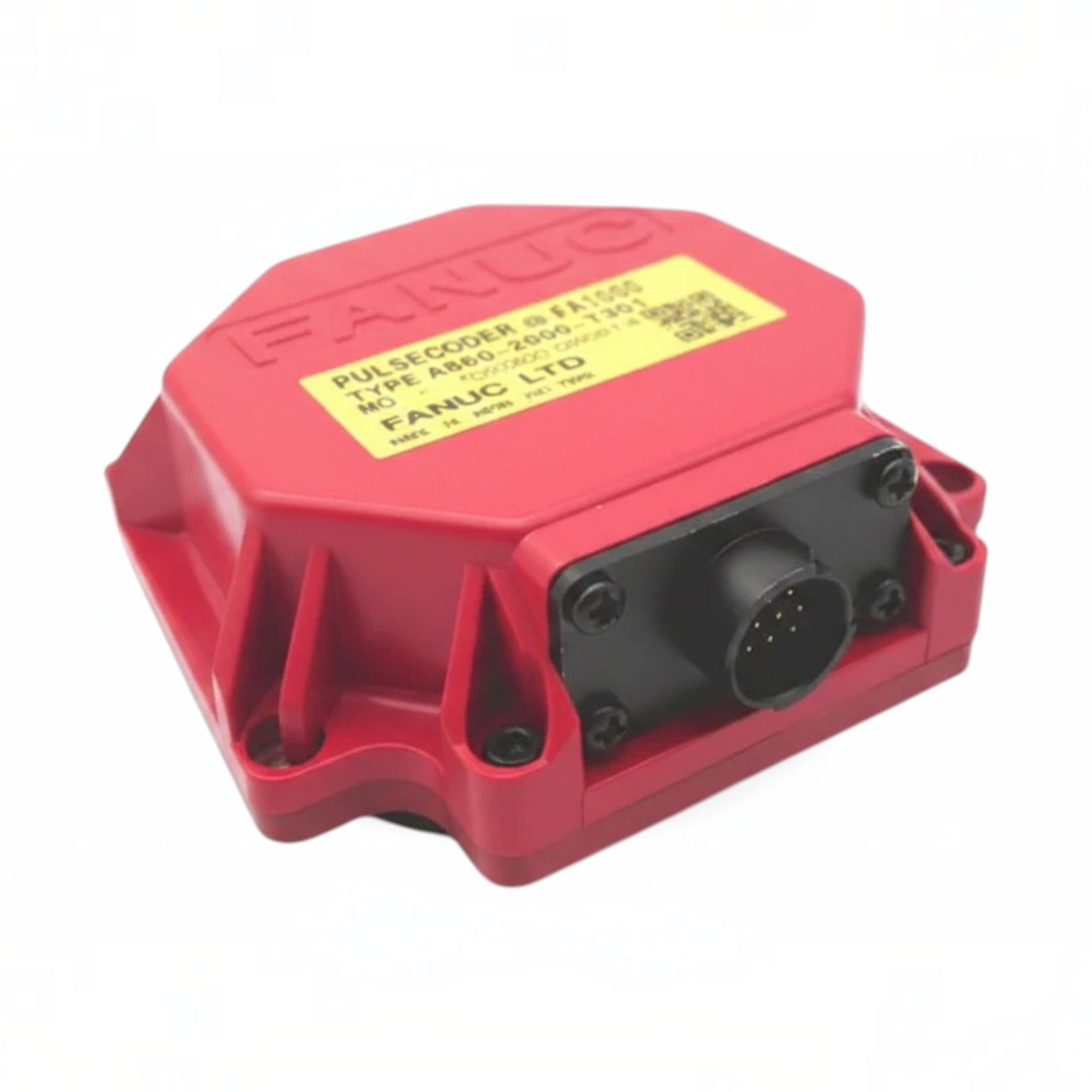 JJAutomation Fanuc A860-2000-T301 red servo motor encoder with black connector and yellow identification label.