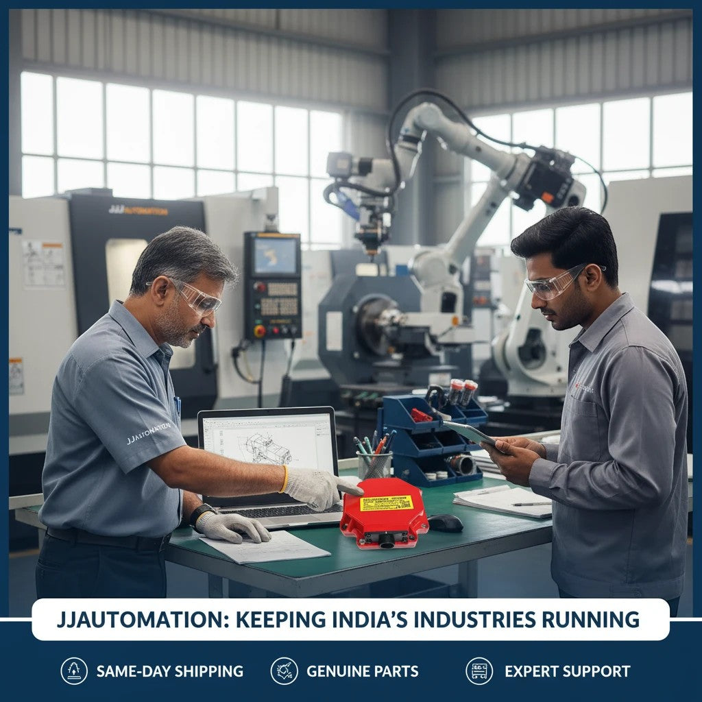 JJAutomation technicians inspecting a red Fanuc A860-2000-T301 servo motor encoder in a CNC workshop.