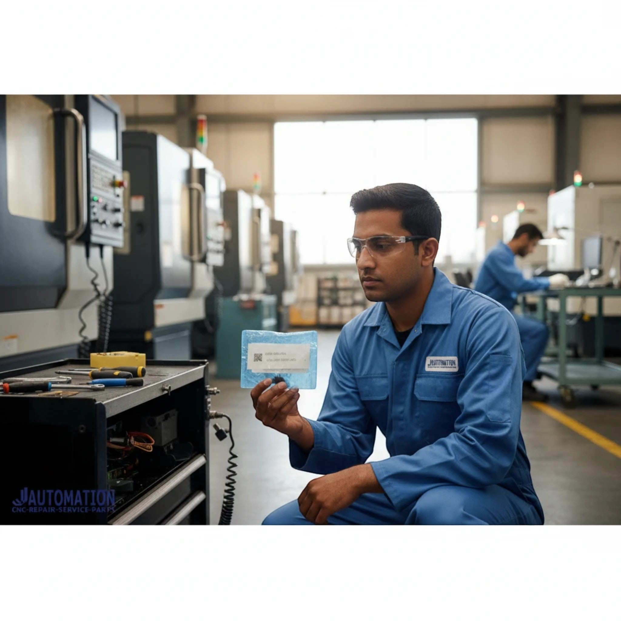 JJAutomation technician holding a Fanuc A03B-0823-K001 fuse in a factory setting with CNC machinery.
