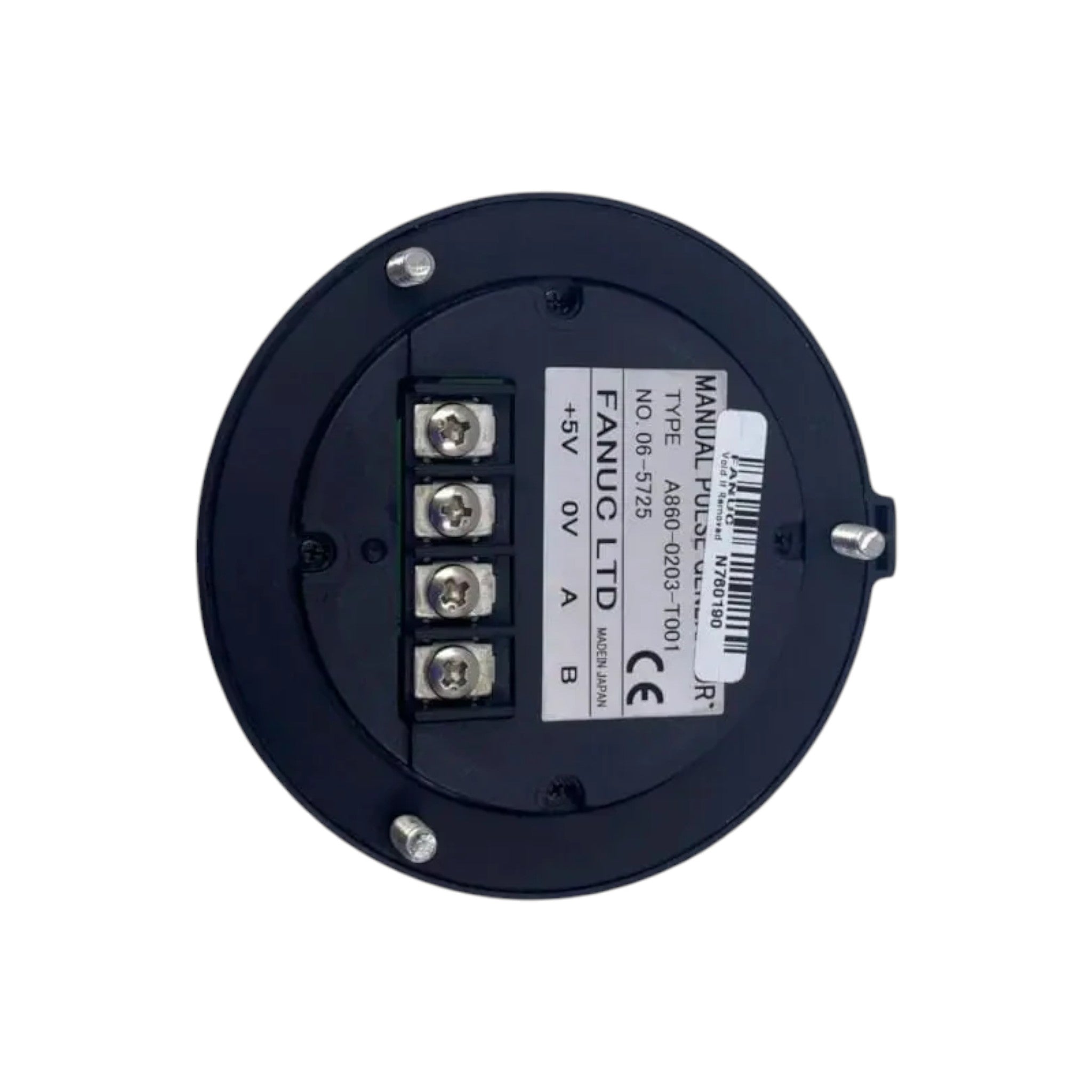 JJAutomation FANUC A860-0203-T001 manual pulse generator back view showing terminal connections and label details