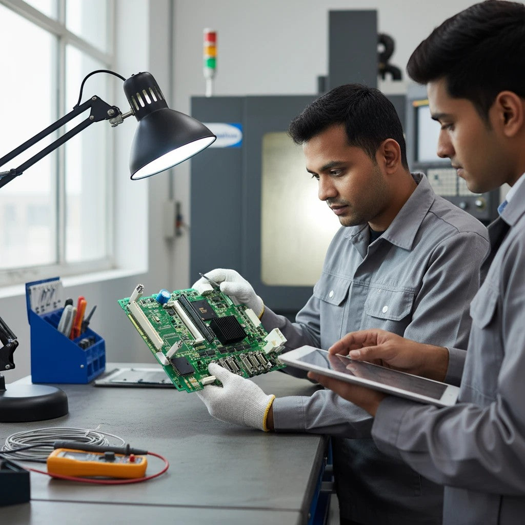Technicians from JJAutomation inspecting a green Fanuc A20B-8200-0393 CNC motherboard in a workshop.