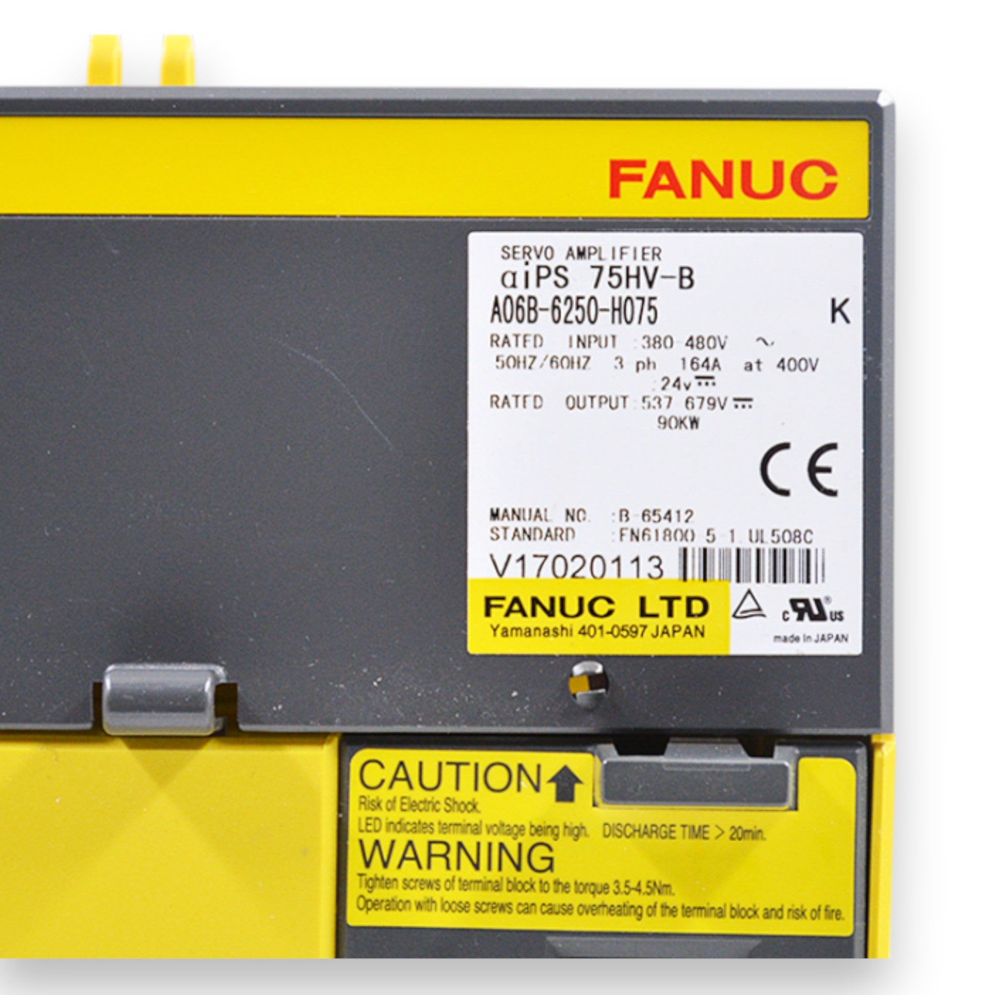 JJAutomation Fanuc A06B-6250-H075 power supply module with yellow and grey casing and technical specification label