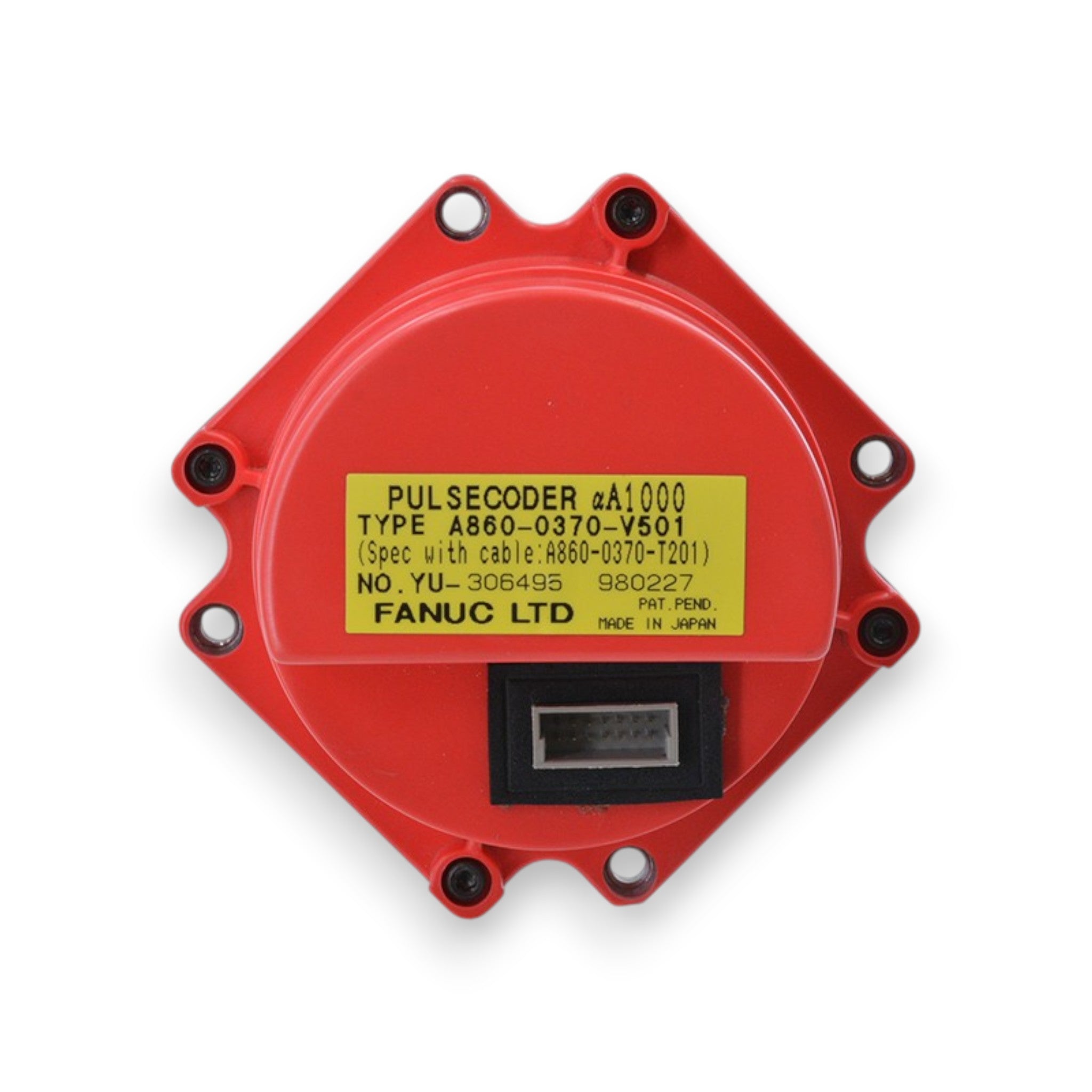 JJAutomation Fanuc A860-0370-V502 alpha A1000 pulse coder with red housing and yellow identification label