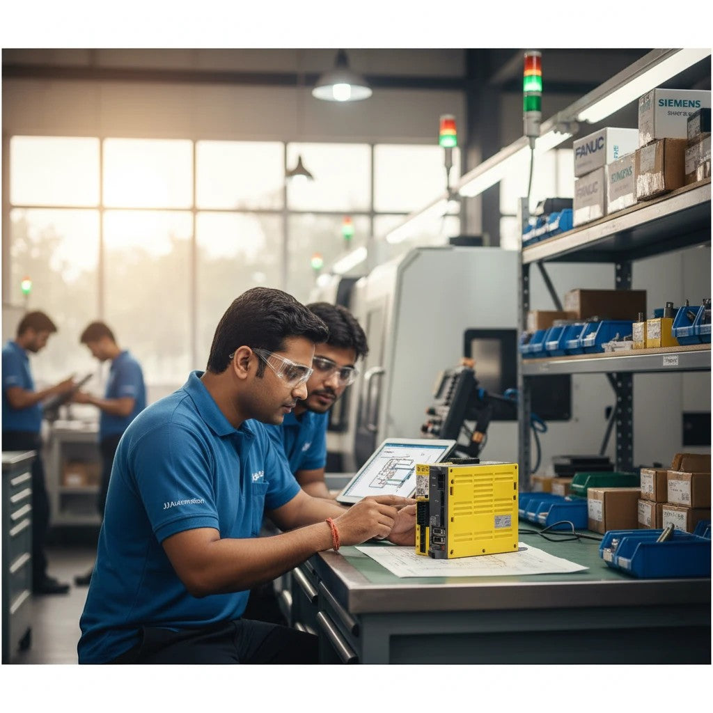 Technicians from JJAutomation inspecting a yellow FANUC industrial servo amplifier module in a factory setting.