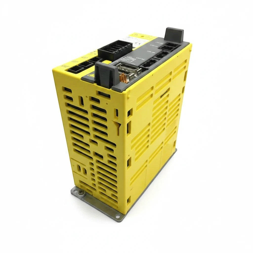 JJAutomation yellow FANUC industrial servo amplifier module with integrated ports for CNC and robotic machinery.