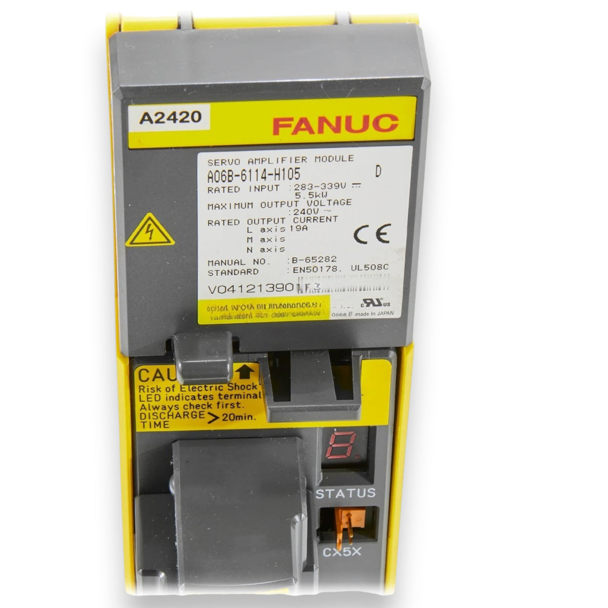 JJAutomation FANUC A06B-6114-H105 servo amplifier module with yellow casing and technical specification label
