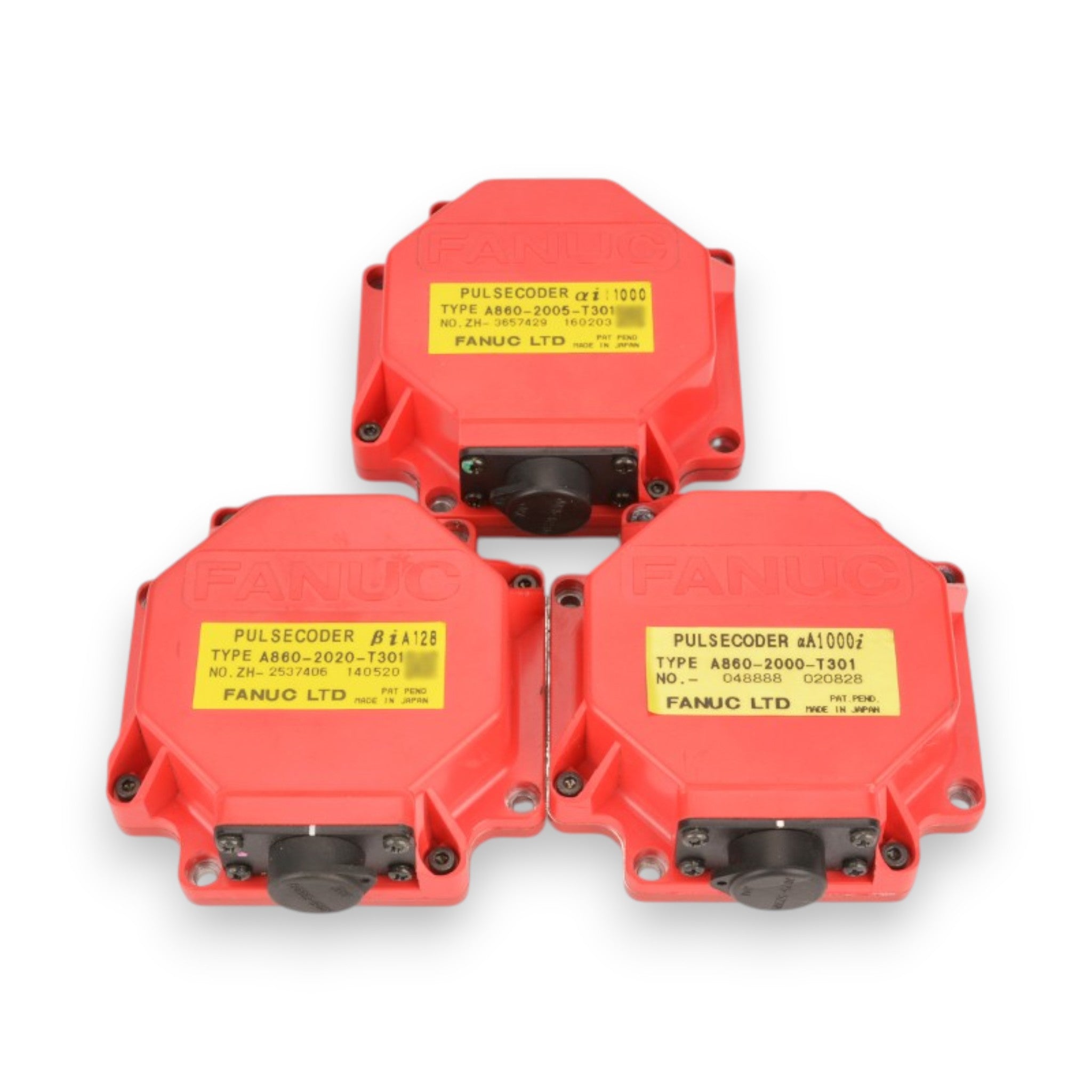 Three red JJAutomation Fanuc servo motor encoders with yellow labels and black connectors on a white background.