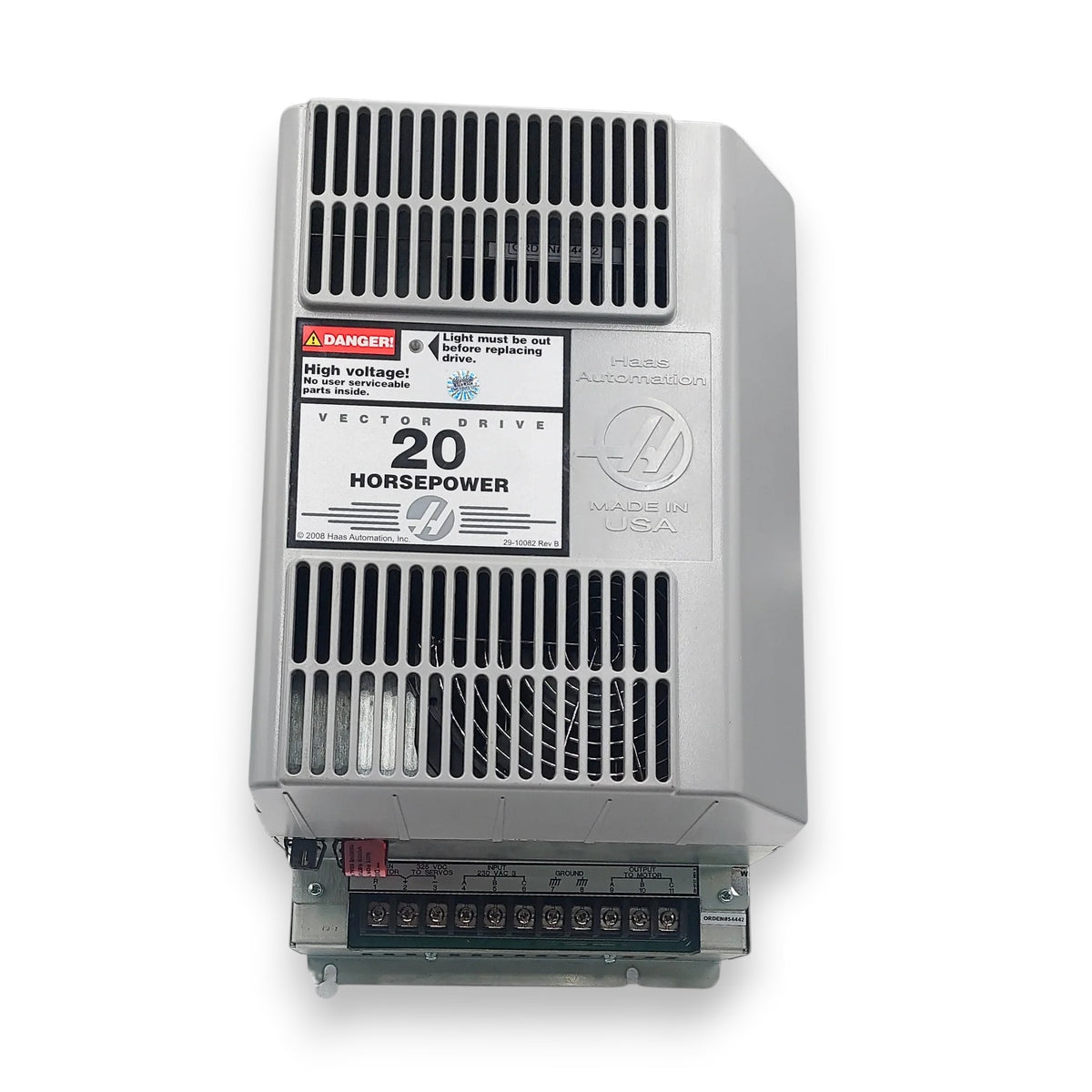 JJAutomation Haas 20 HP Vector Drive spindle inverter for CNC machines with high voltage warning label