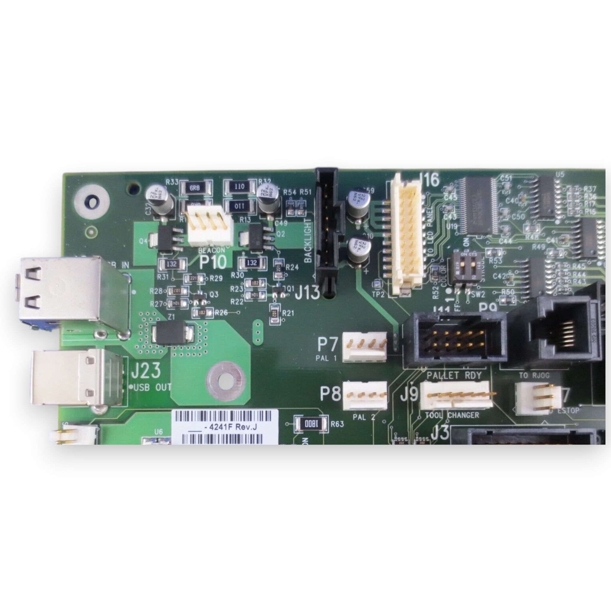 JJAutomation Haas 93-32-4241F keyboard interface board with electronic components and connectors on a green PCB