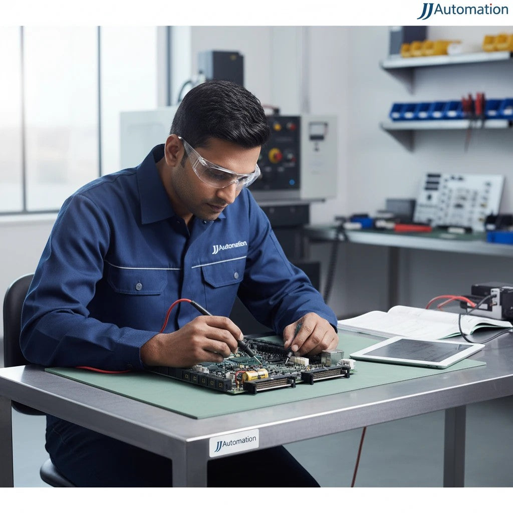 Technician from JJAutomation testing an industrial PCB with a multimeter in a professional electronics workshop.