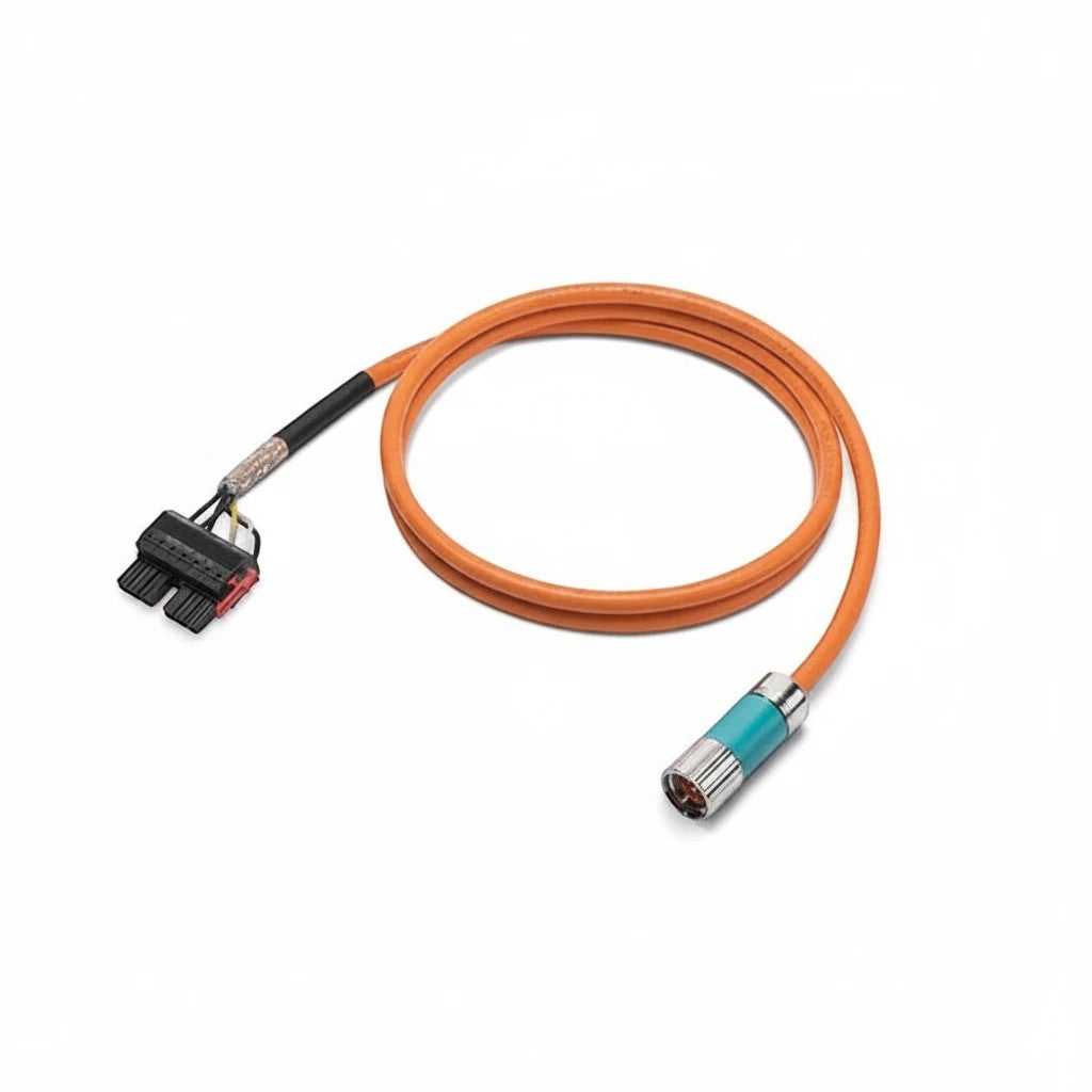 JJAutomation industrial power cable with orange jacket, circular connector, and multi-pin terminal block.