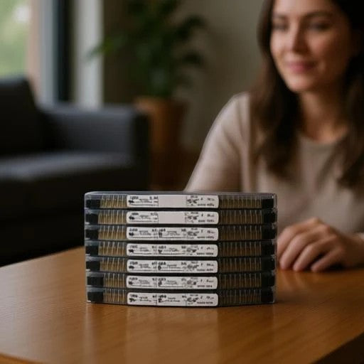 JJAutomation Mitsubishi Daito LM40 protection fuses for control units stacked on a wooden table with a woman behind.