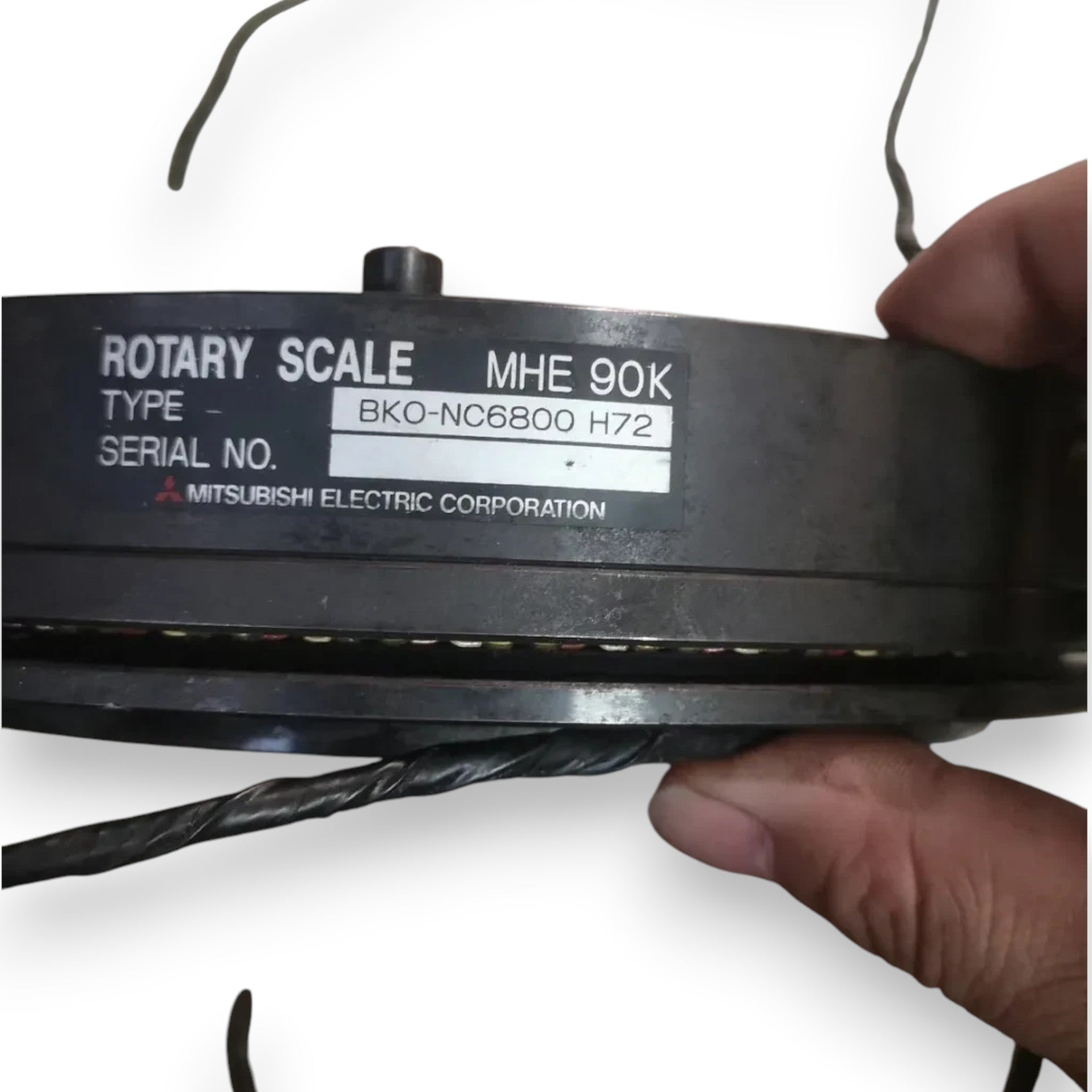 JJAutomation Mitsubishi MBE90K rotary scale spindle encoder with label showing model BKO-NC6800 H72