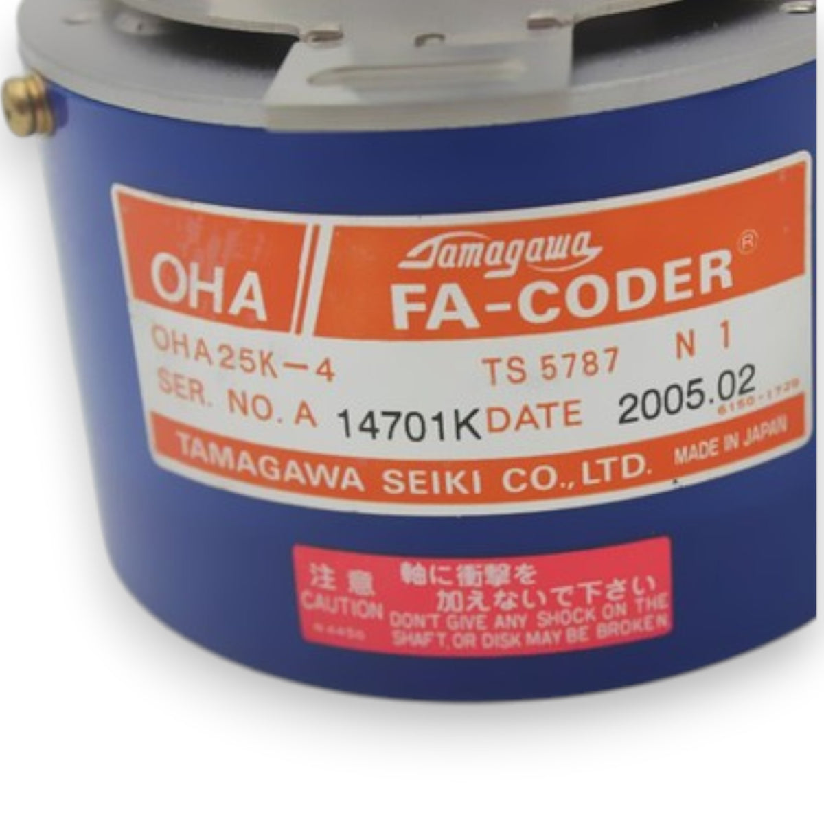 JJAutomation Mitsubishi OHA25K-4 rotary servo encoder with blue cylindrical housing and technical specification label