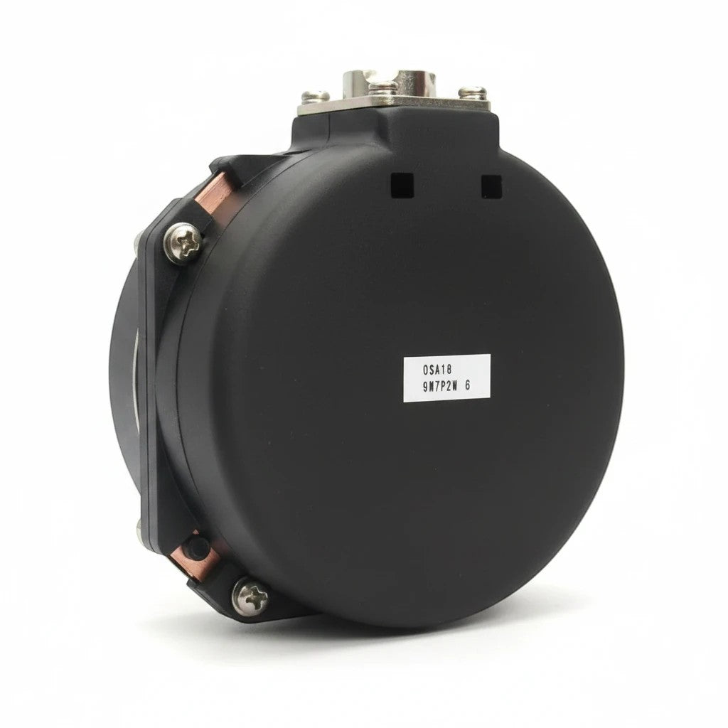 JJAutomation Mitsubishi Electric OSA18-A50 industrial rotary servo motor encoder with black housing and connector.