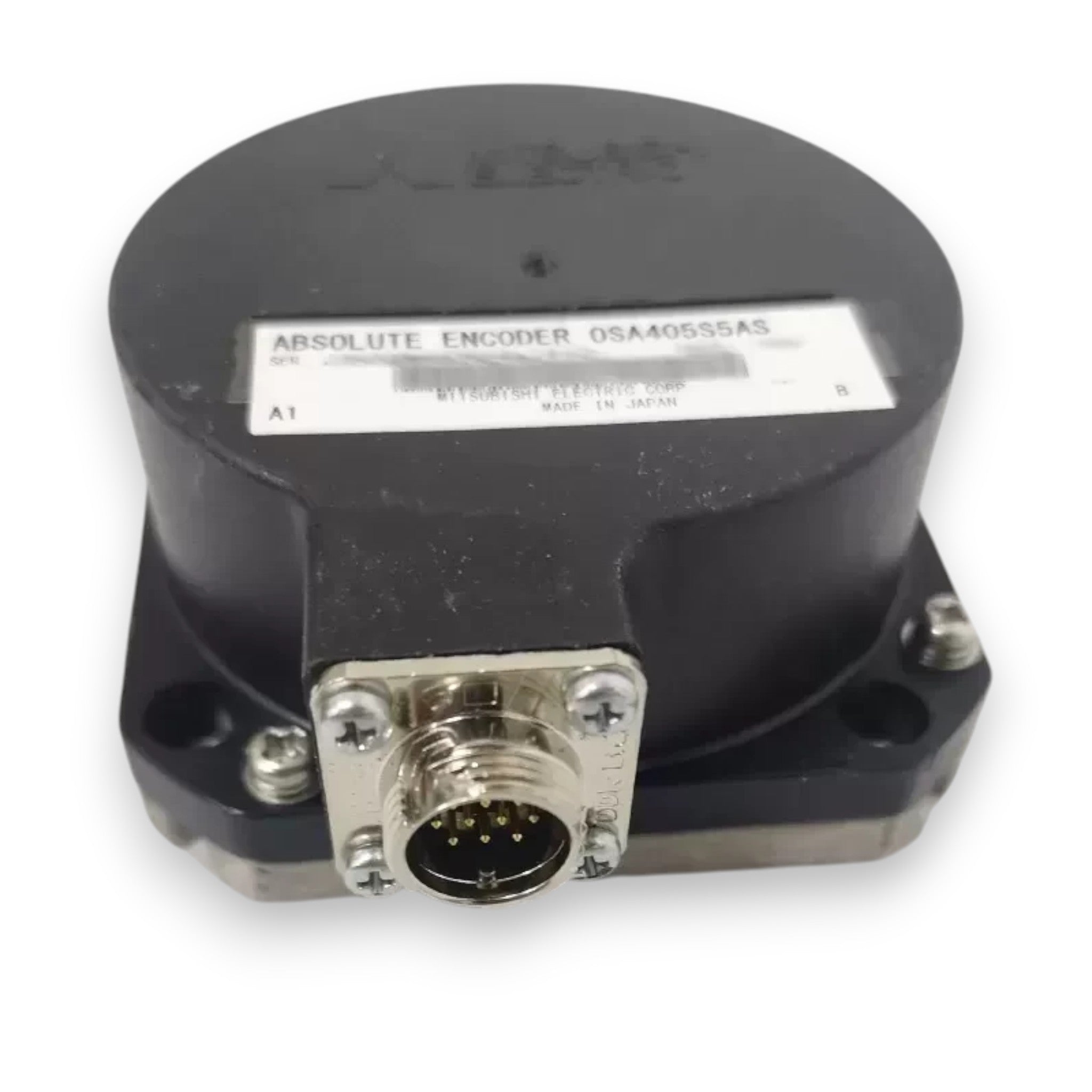 JJAutomation Mitsubishi OSA405S5AS absolute rotary encoder with a black cylindrical housing and metal connector port.
