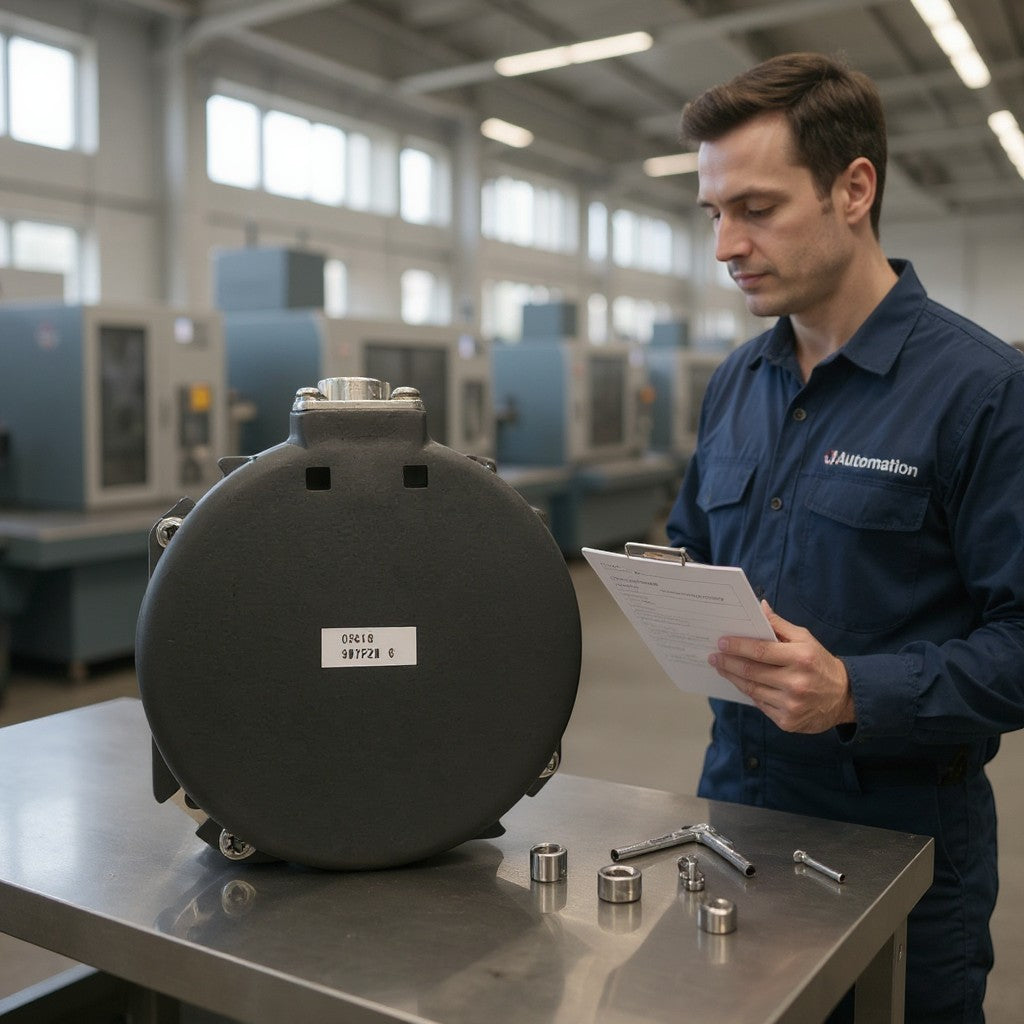 JJAutomation technician inspecting a Mitsubishi Electric OSA18-A50 industrial rotary servo motor encoder on a table.