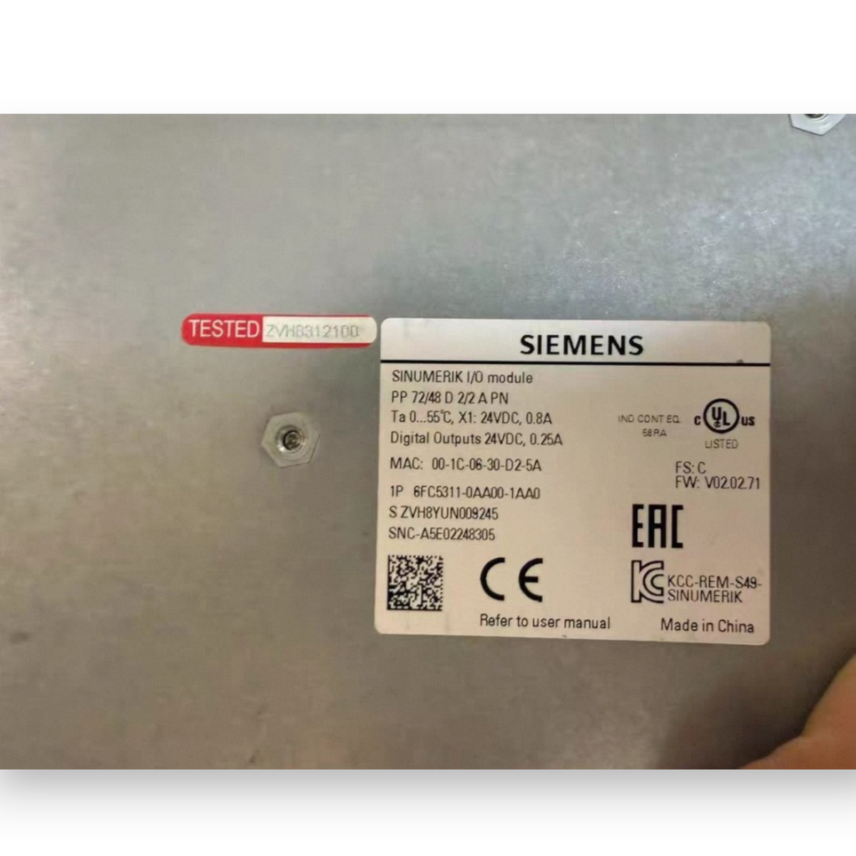 JJAutomation Siemens SINUMERIK I/O module 6FC5311-0AA00-1AA0 label with technical specifications and certifications
