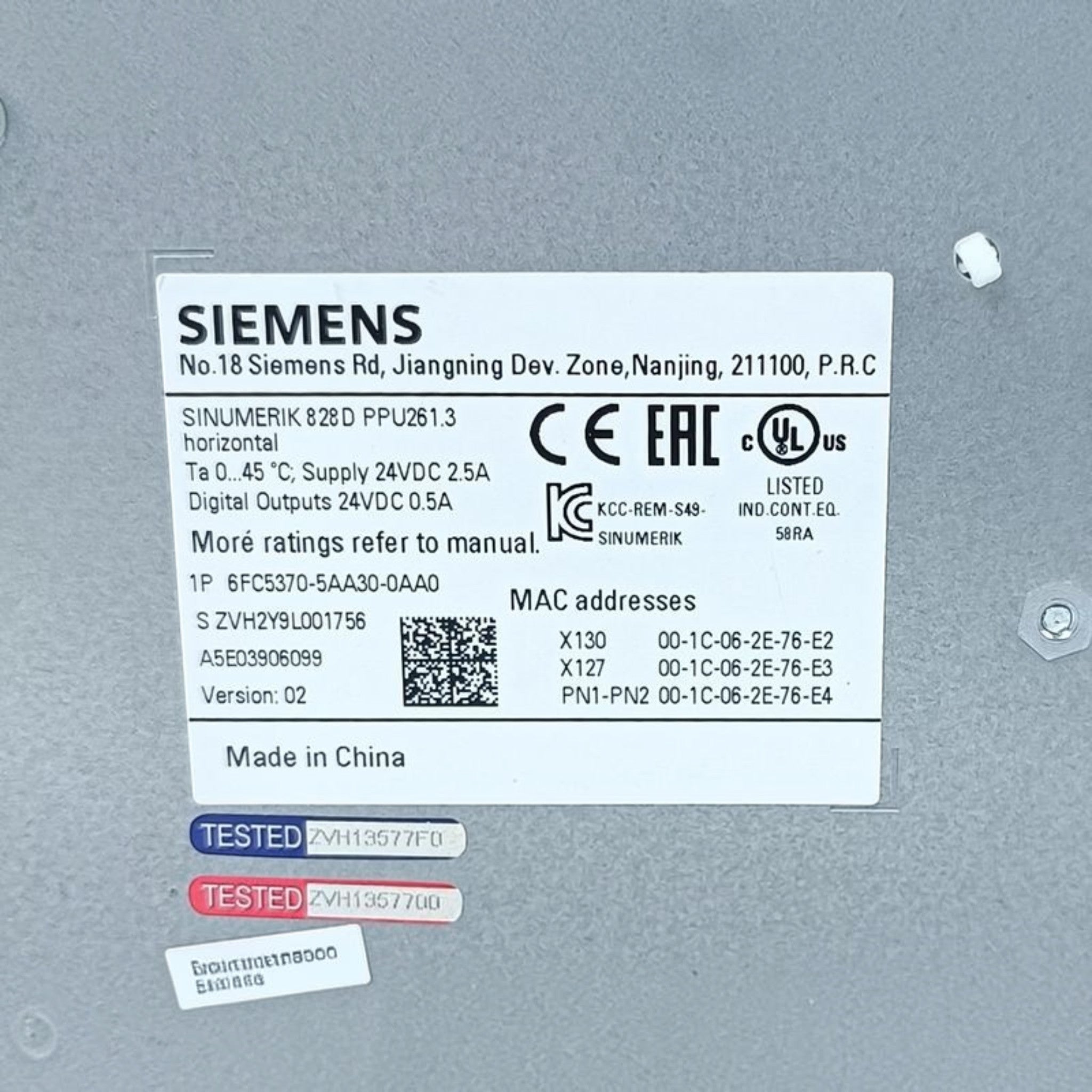 JJAutomation Siemens Sinumerik 828D PPU 261.3 horizontal panel processing unit label with technical specifications