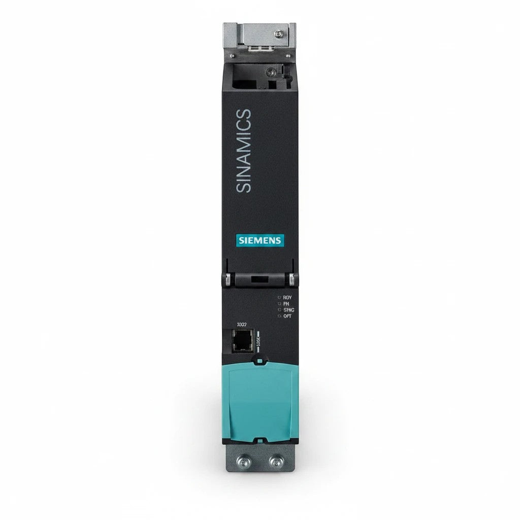 JJAutomation Siemens SINAMICS industrial drive module with a compact black and teal vertical housing.