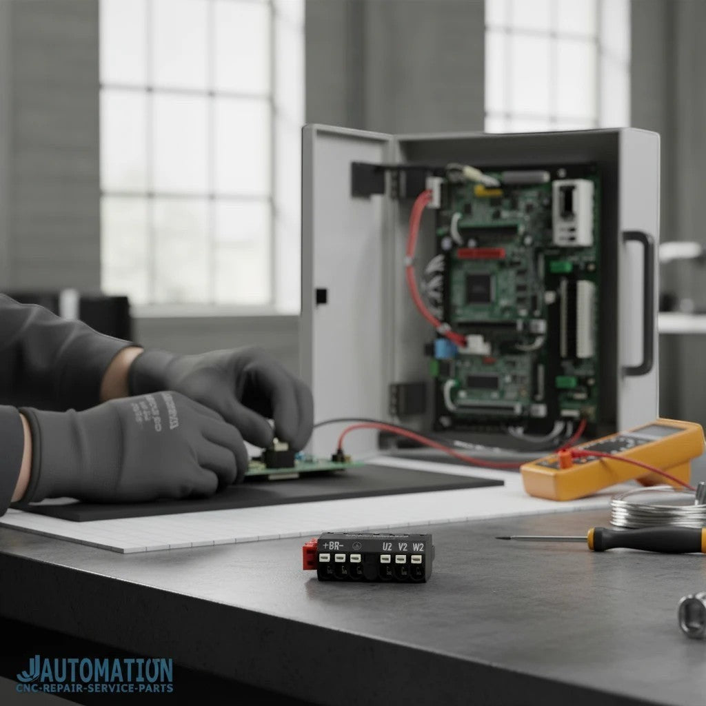 JJAutomation Siemens electrical connector terminal block with red release lever on a workbench with tools