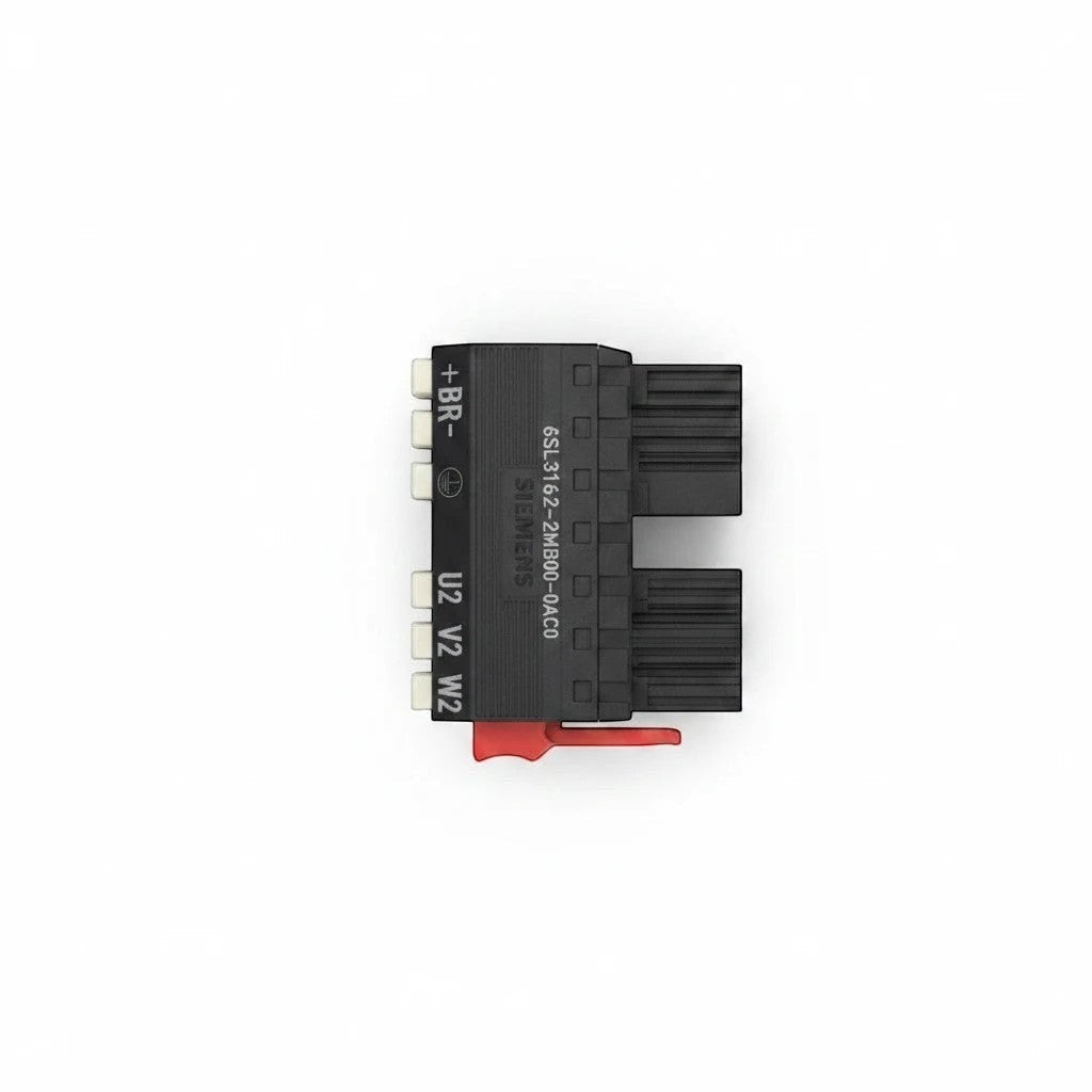 JJAutomation Siemens electrical connector terminal block 6SL3162-2MB00-0AC0 with red release lever on white background