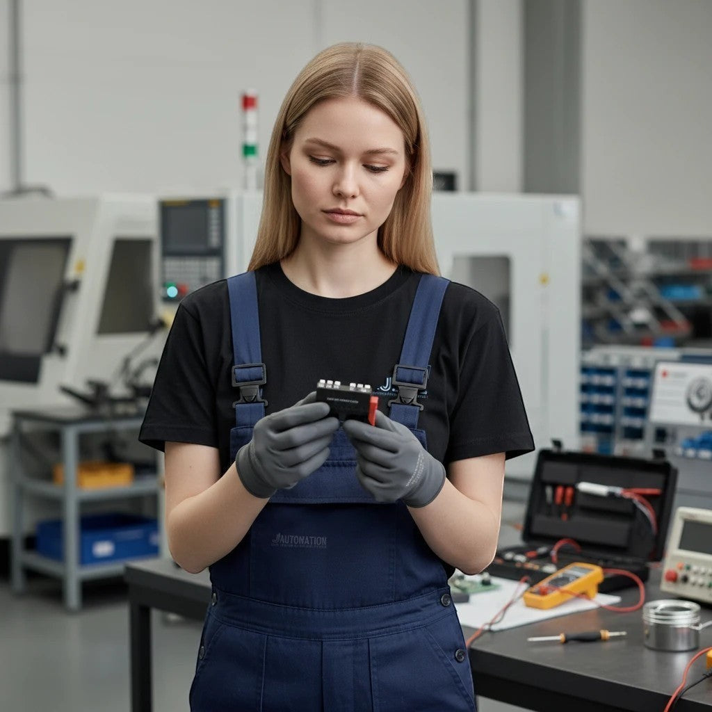 JJAutomation technician inspecting a Siemens electrical connector terminal block with a red release lever in a factory.