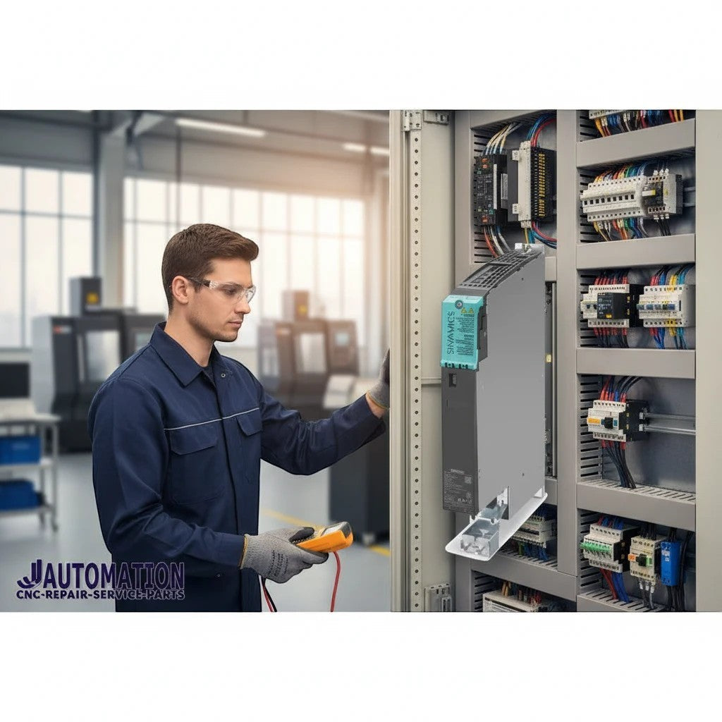 Technician installing a JJAutomation SINAMICS industrial power drive module in a control cabinet at a factory.