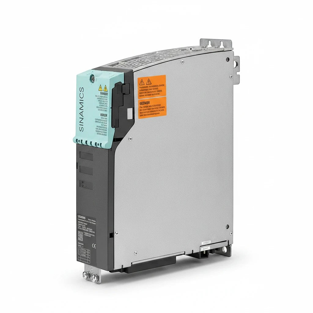 JJAutomation Siemens SINAMICS S120M adapter module with metallic casing, teal accent, and industrial safety labels.