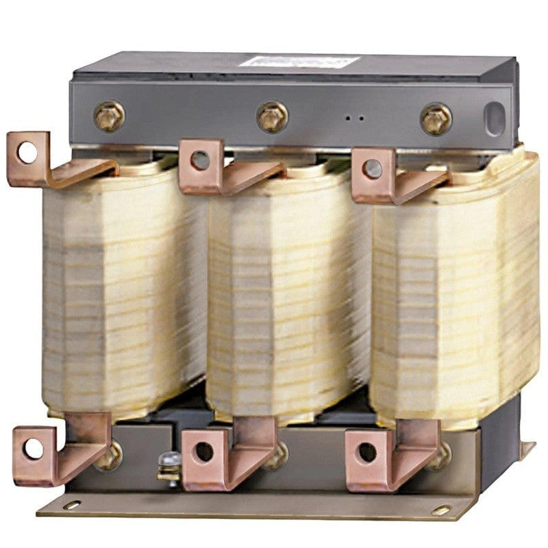 JJAutomation three-phase industrial line reactor with copper windings and iron core for VFD harmonic mitigation.