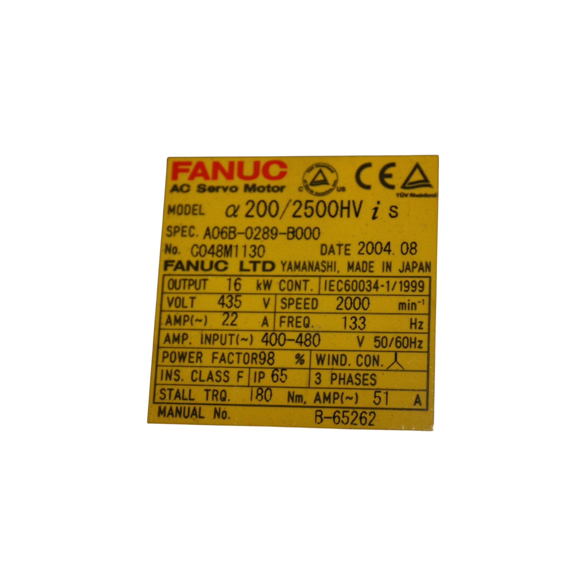 Fanuc Servo Motor αiS 200/2500HV / with fan A06B-0289