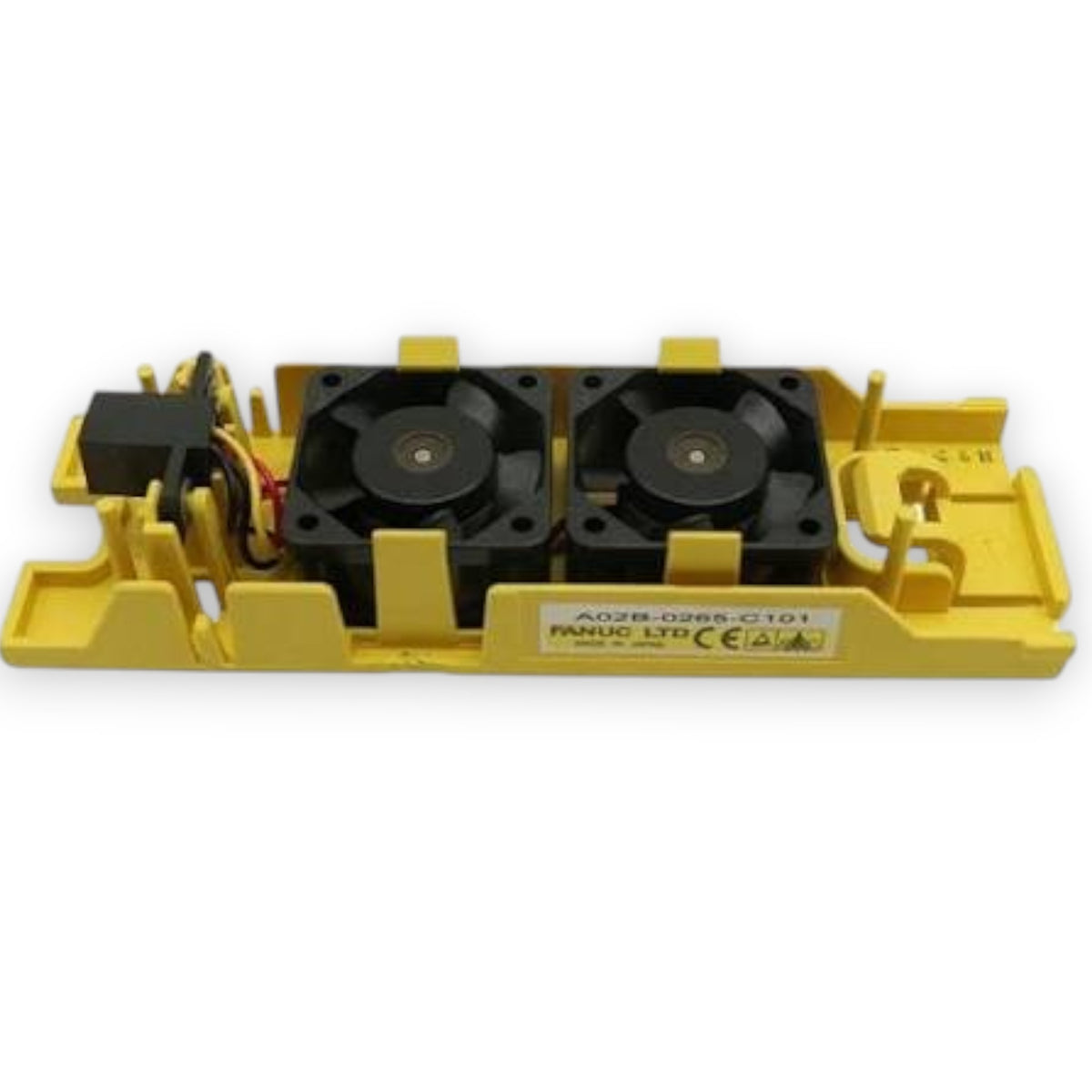 JJAutomation FANUC A02B-0265-C101 cooling fan unit with two black DC fans in a yellow plastic housing.