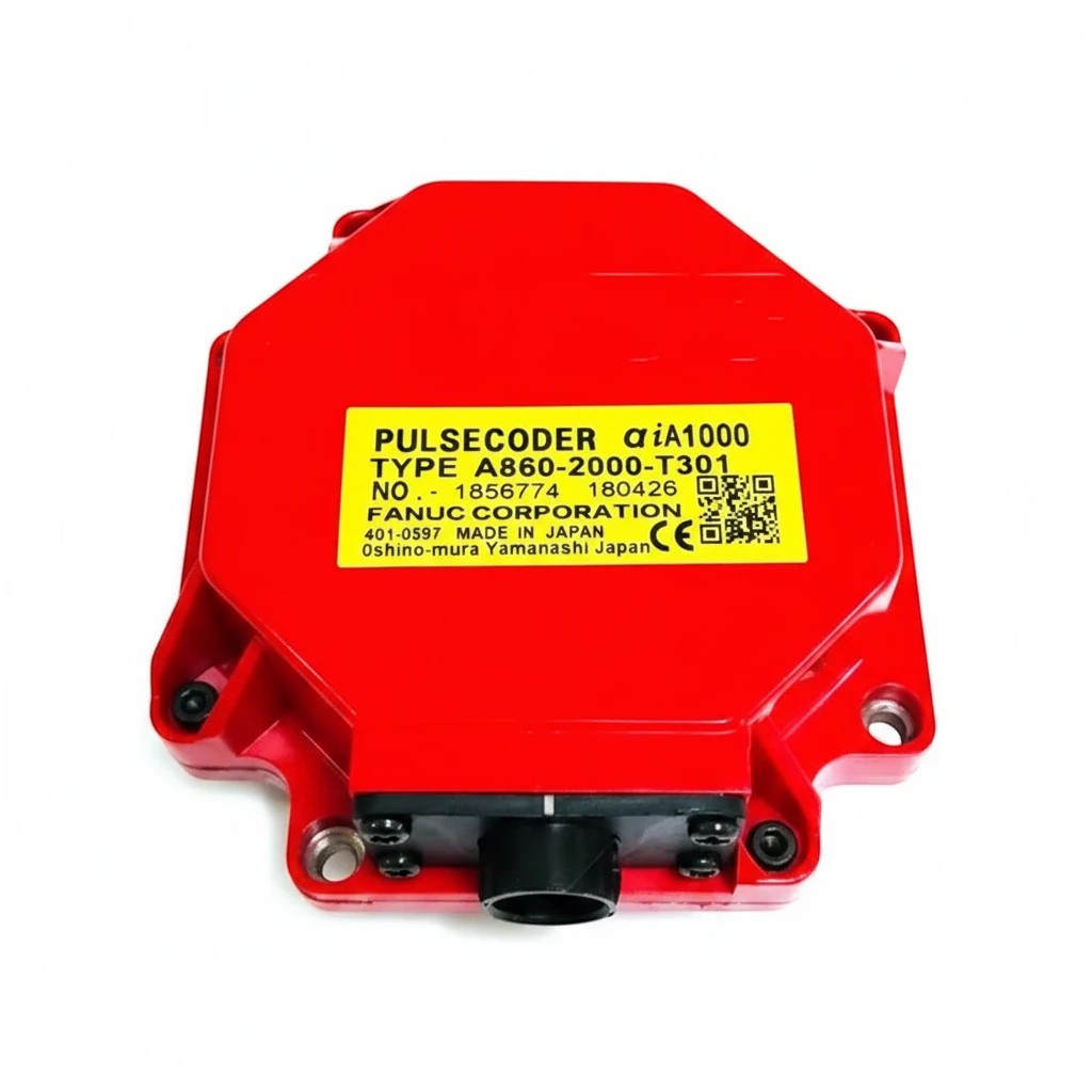 JJAutomation genuine Fanuc A860-2000-T301 pulse coder servo motor encoder with yellow label on red housing