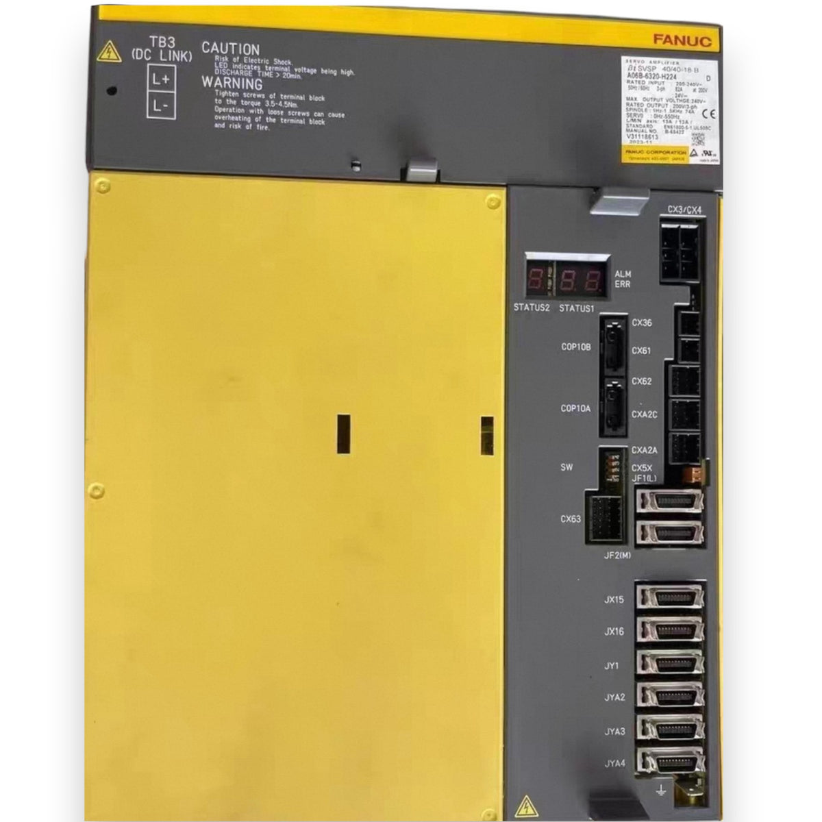 JJAutomation Fanuc βiSVSP 40/40-15-B combi drive A06B-6320-H223 with yellow casing and multiple connection ports