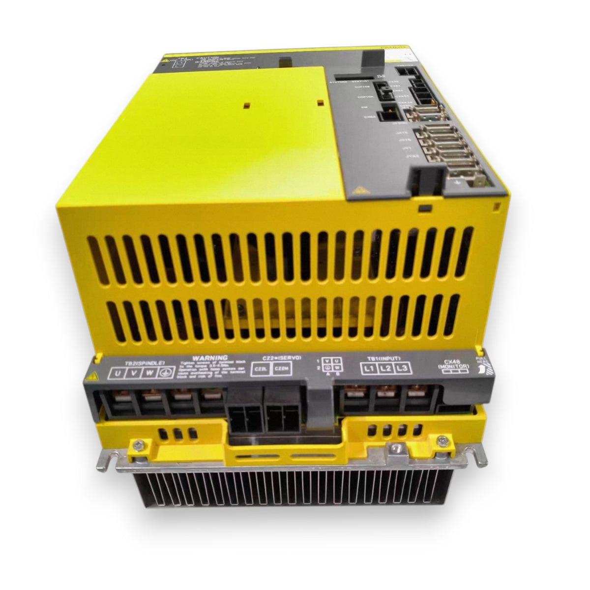 JJAutomation Fanuc βiSVSP 40/40-15-B combi drive featuring a yellow casing and integrated servo spindle amplifier.