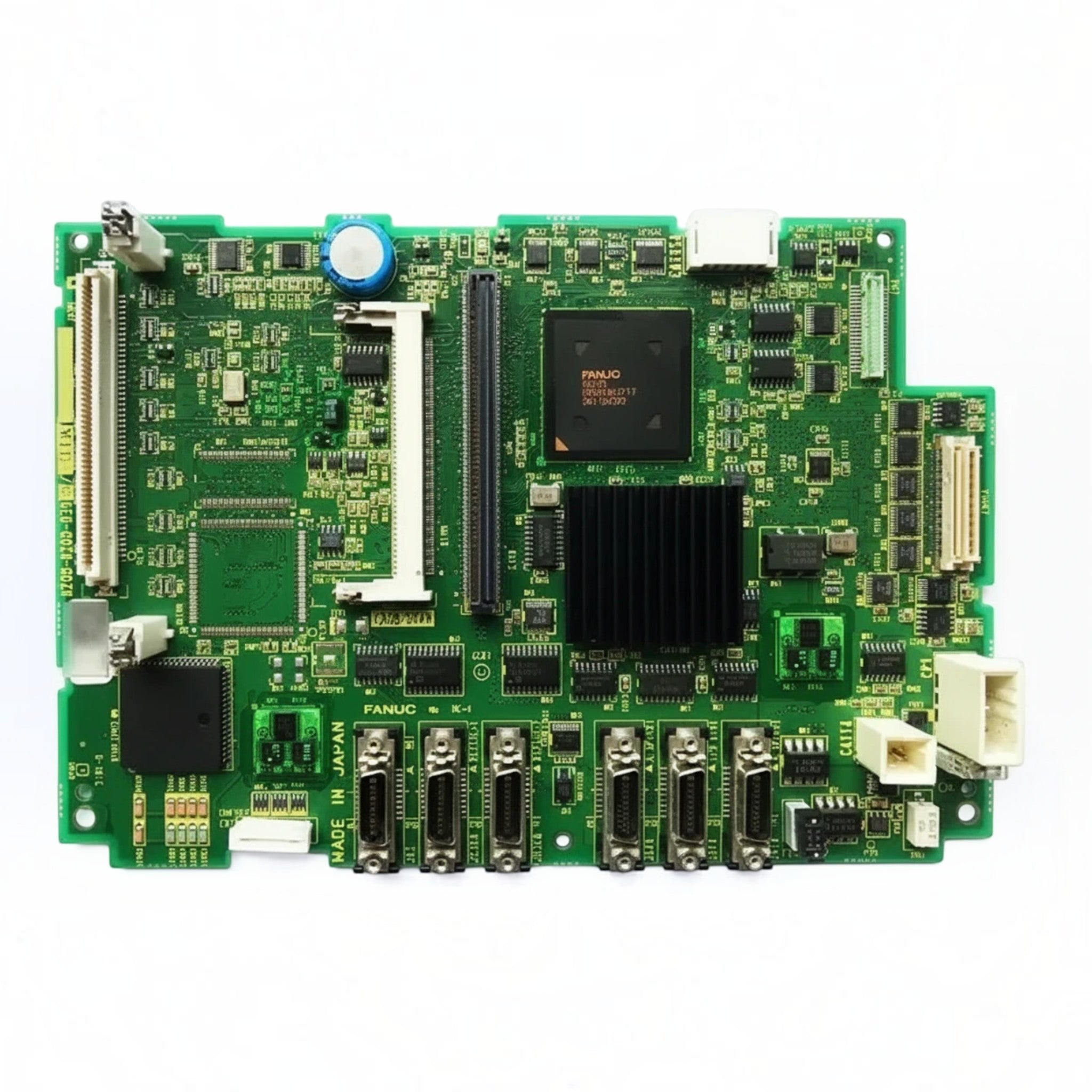 JJAutomation Fanuc A20B-8200-0393 CNC controller motherboard with green PCB, heat sink, and multiple ports.