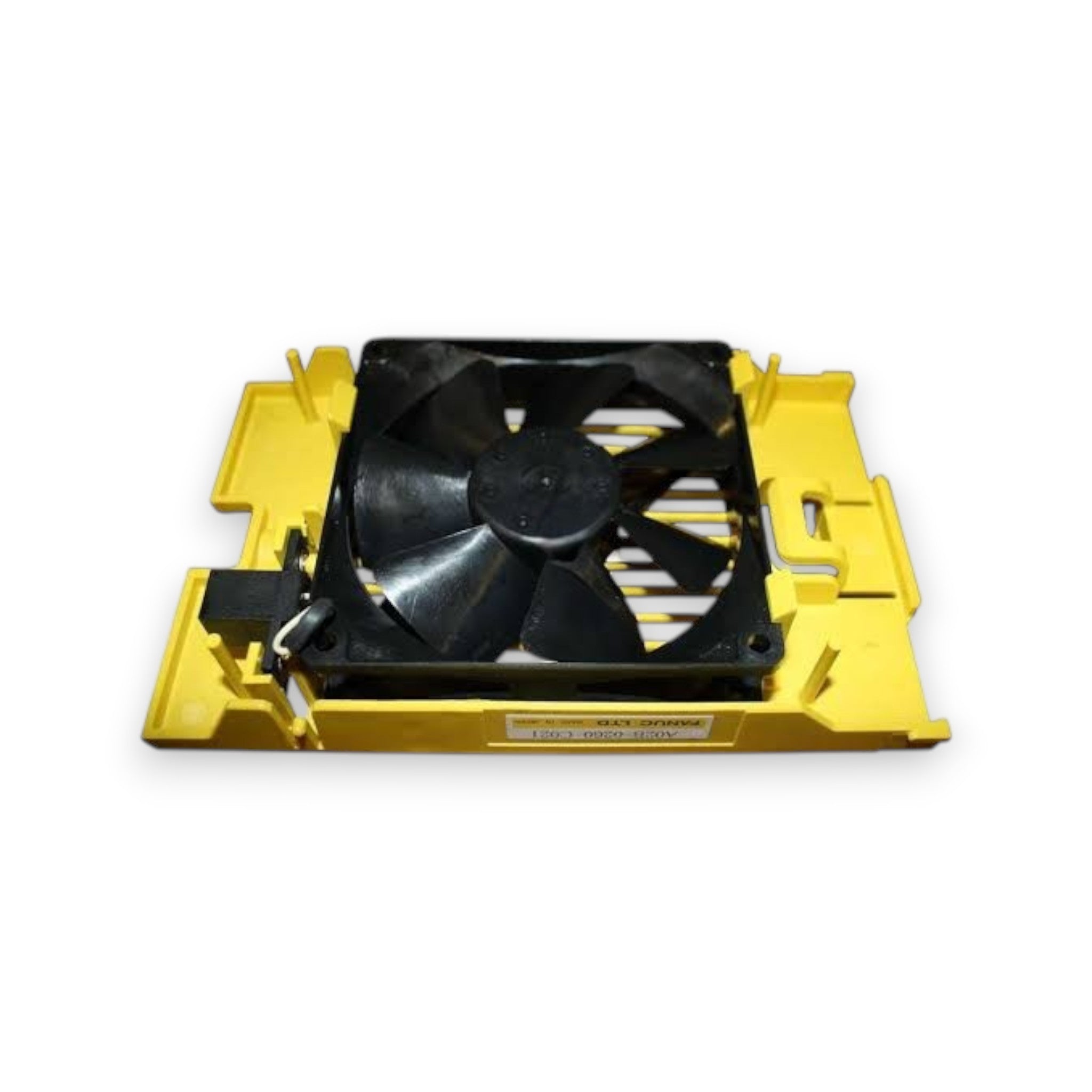 JJAutomation FANUC A02B-0260-C021 cooling fan assembly with black fan mounted in a yellow plastic bracket for CNC units