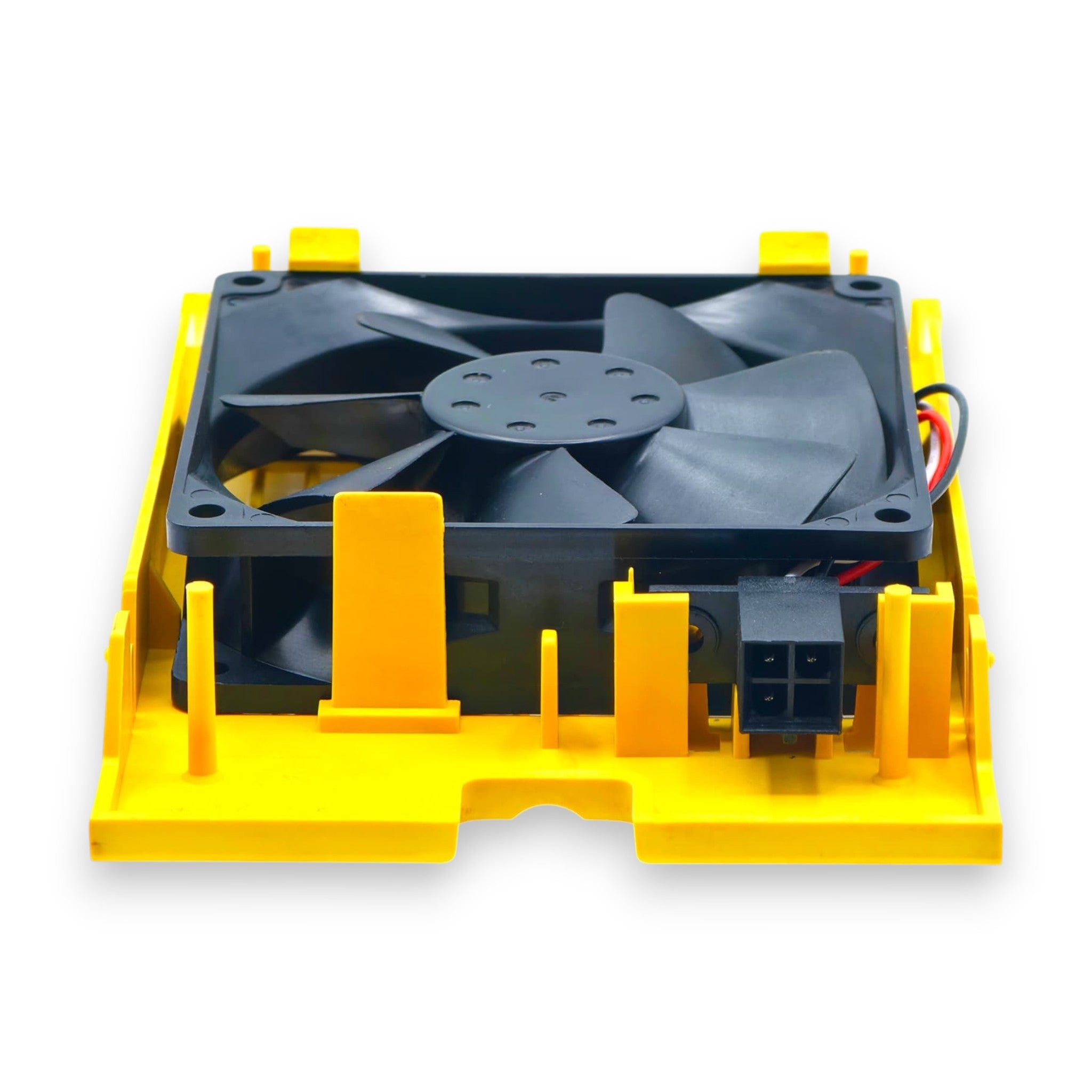 JJAutomation FANUC A02B-0260-C021 cooling fan assembly with black blades mounted in a yellow plastic bracket