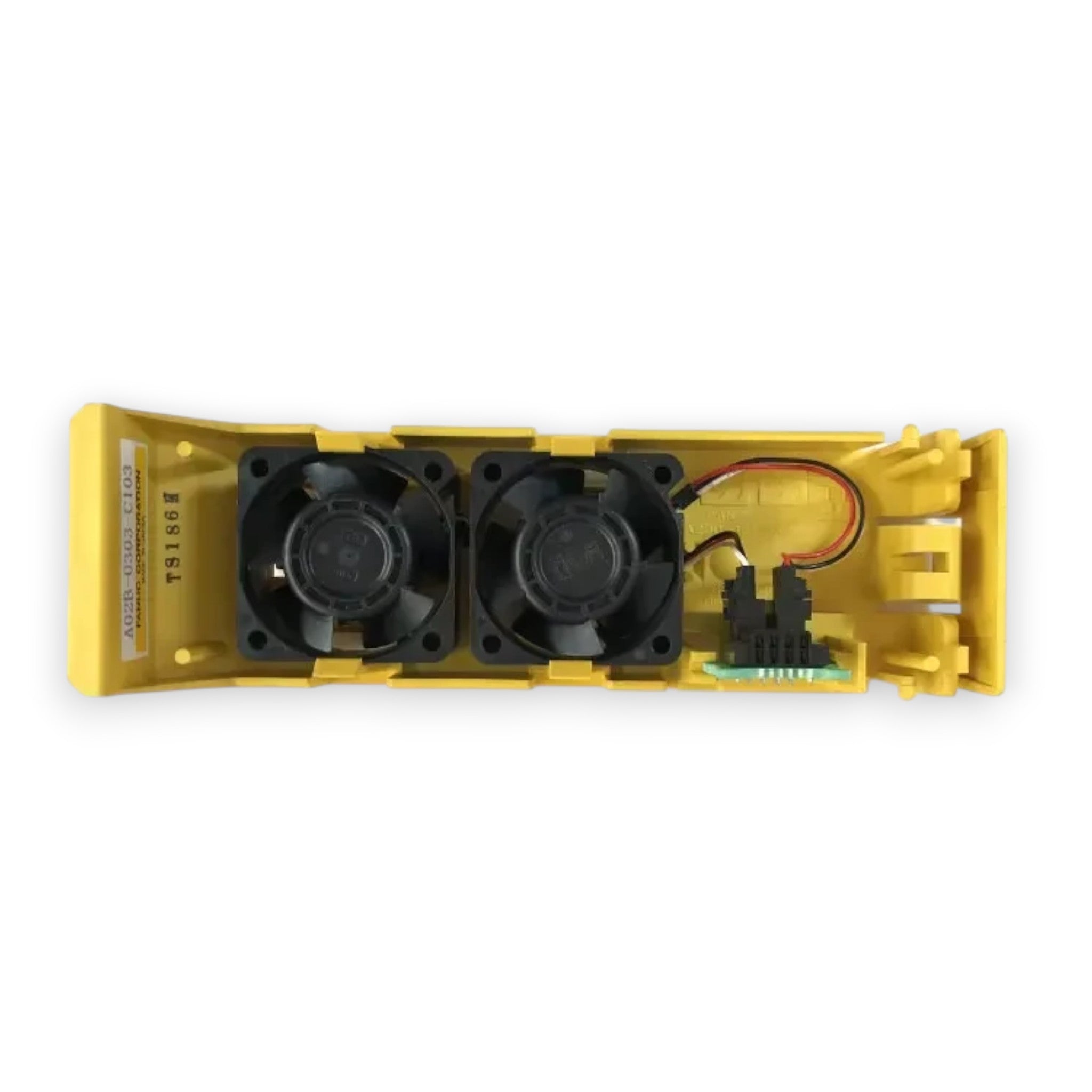 JJAutomation Fanuc fan motor unit for 0i-F Plus series featuring two 40mm square fans in a yellow LCD-mounted housing