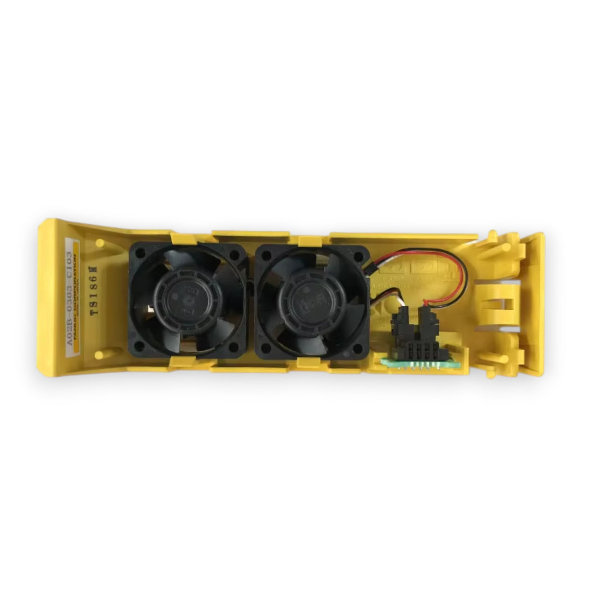 JJAutomation Fanuc fan motor unit for 0i-F Plus Series featuring dual black fans in a yellow housing