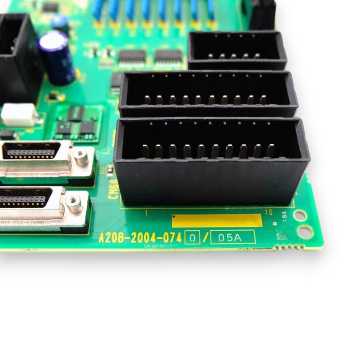 JJAutomation Fanuc A20B-2004-0740 machine operator panel I/O PCB with black connectors on a green circuit board
