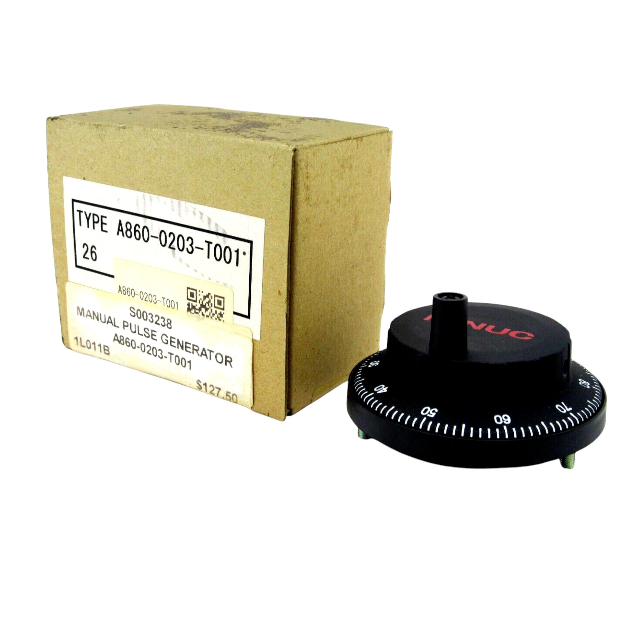 JJAutomation FANUC A860-0203-T001 manual pulse generator with black handwheel and original cardboard packaging box